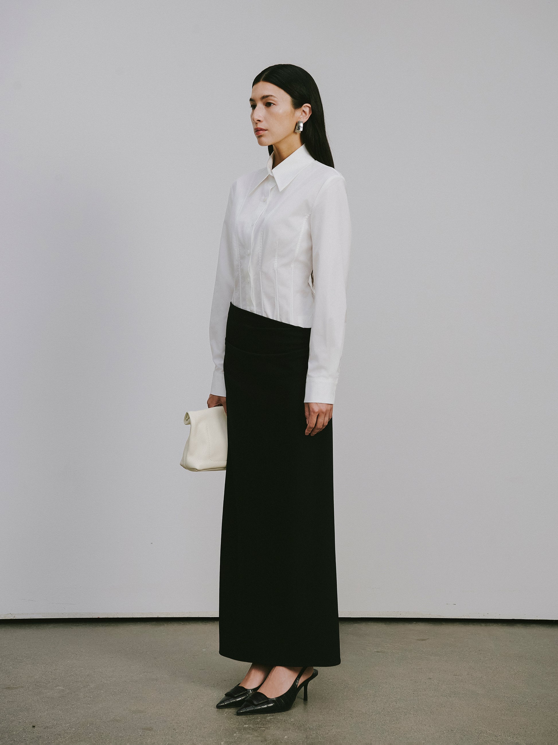 Corset Waist Blouse + Asymmetric Waistband Long Skirt Set