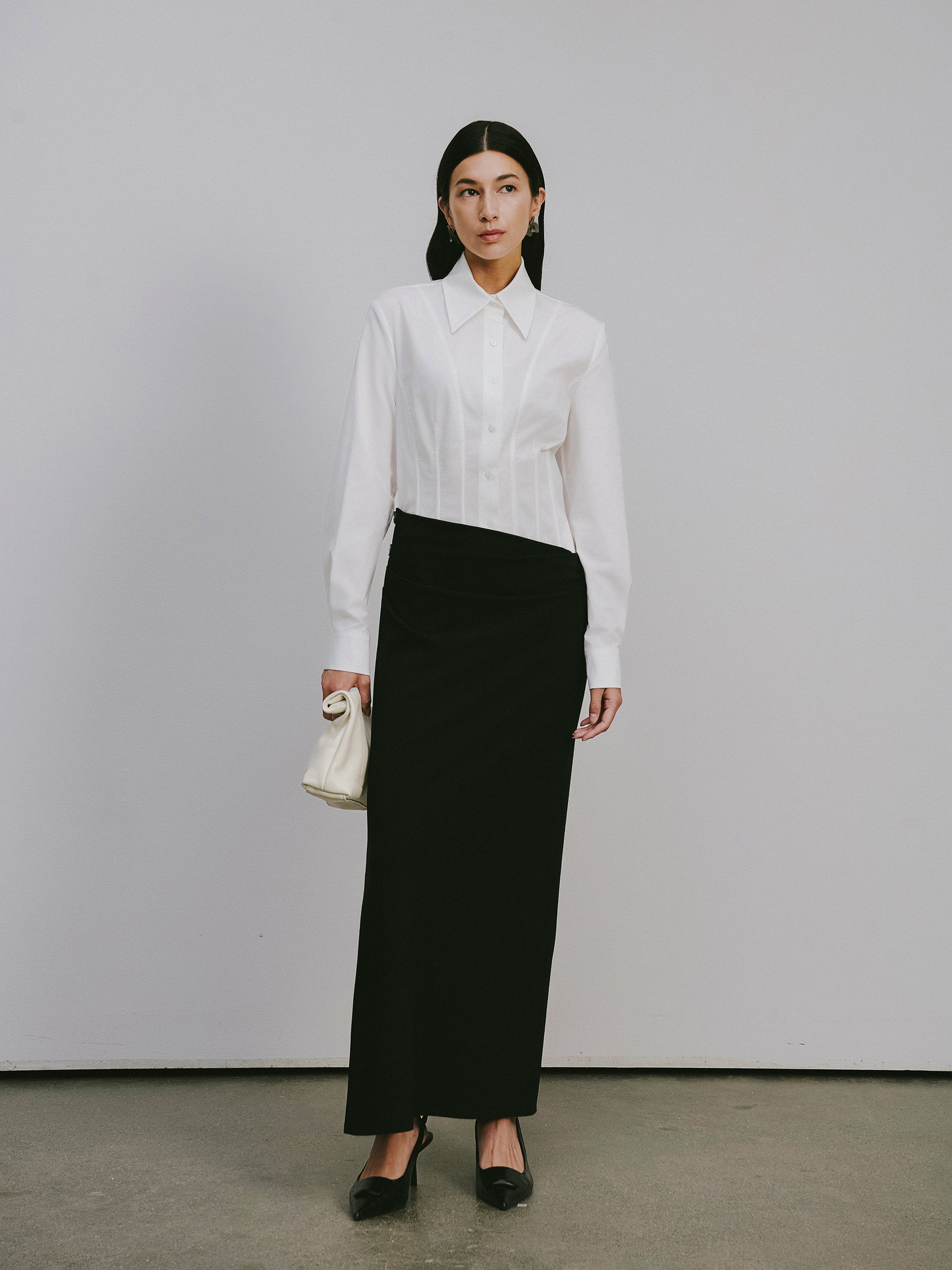 Corset Waist Blouse + Asymmetric Waistband Long Skirt Set