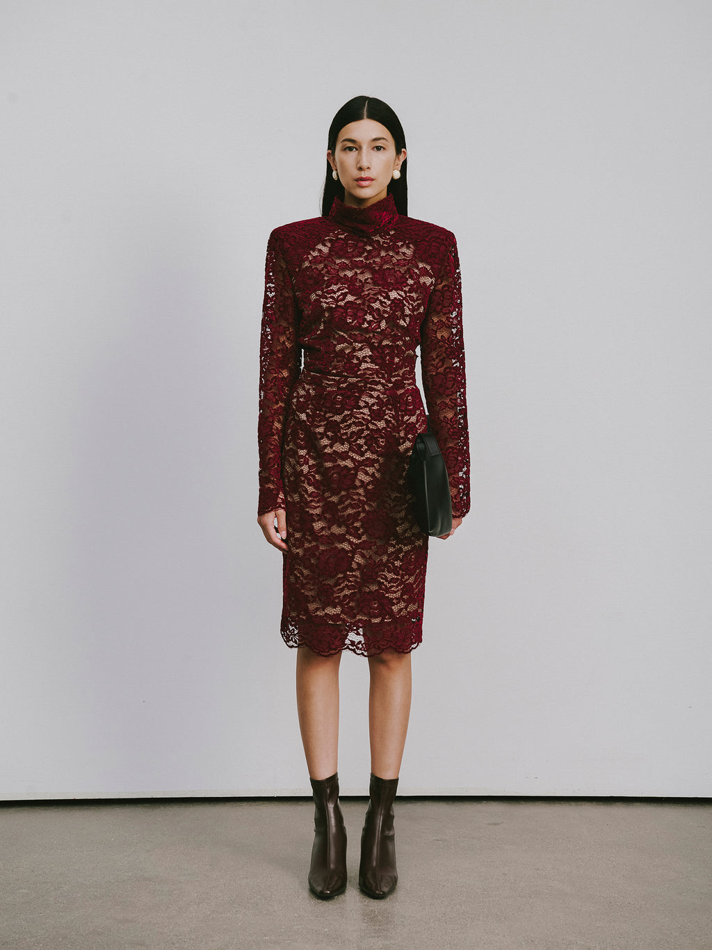 Classic Round-Neck Knee-Length Dress with Flocked Lace & Openwork