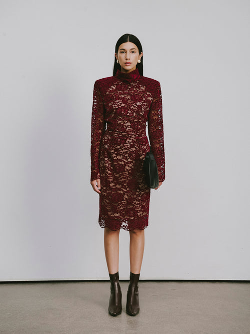 Classic Round-Neck Knee-Length Dress with Flocked Lace & Openwork