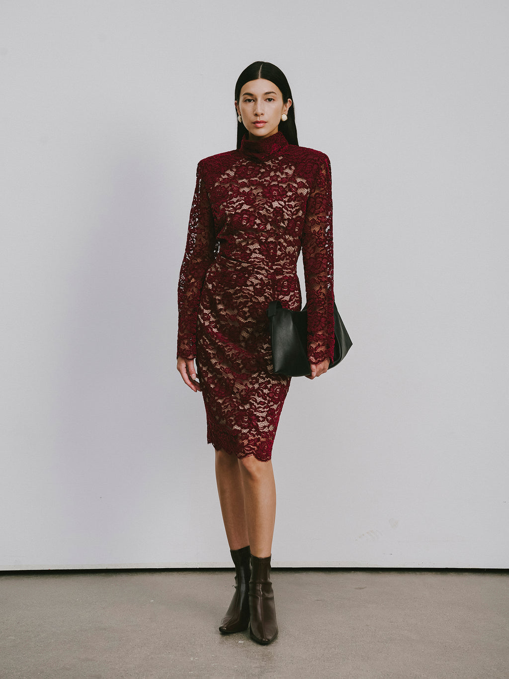 Classic Round-Neck Knee-Length Dress with Flocked Lace & Openwork