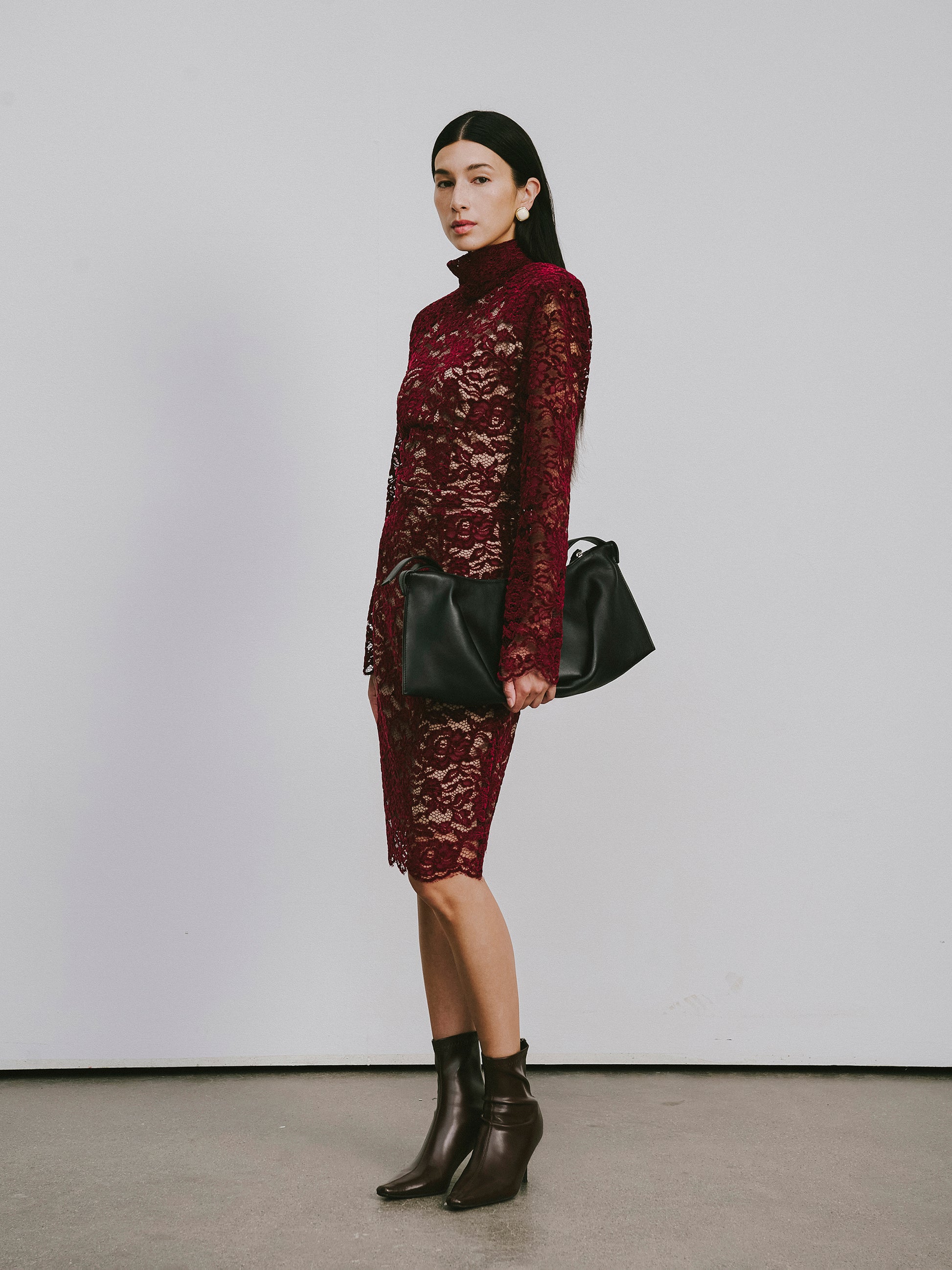 High-Waisted Pencil Skirt in Flocked Lace & Openwork