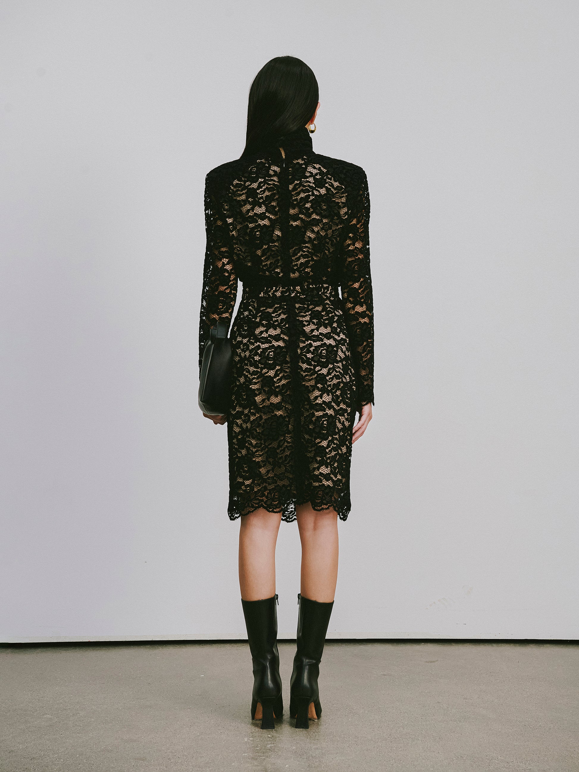 Classic Round-Neck Knee-Length Dress with Flocked Lace & Openwork