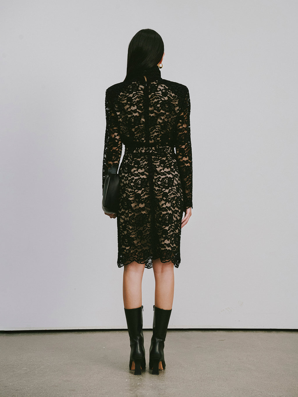 High-Waisted Pencil Skirt in Flocked Lace & Openwork