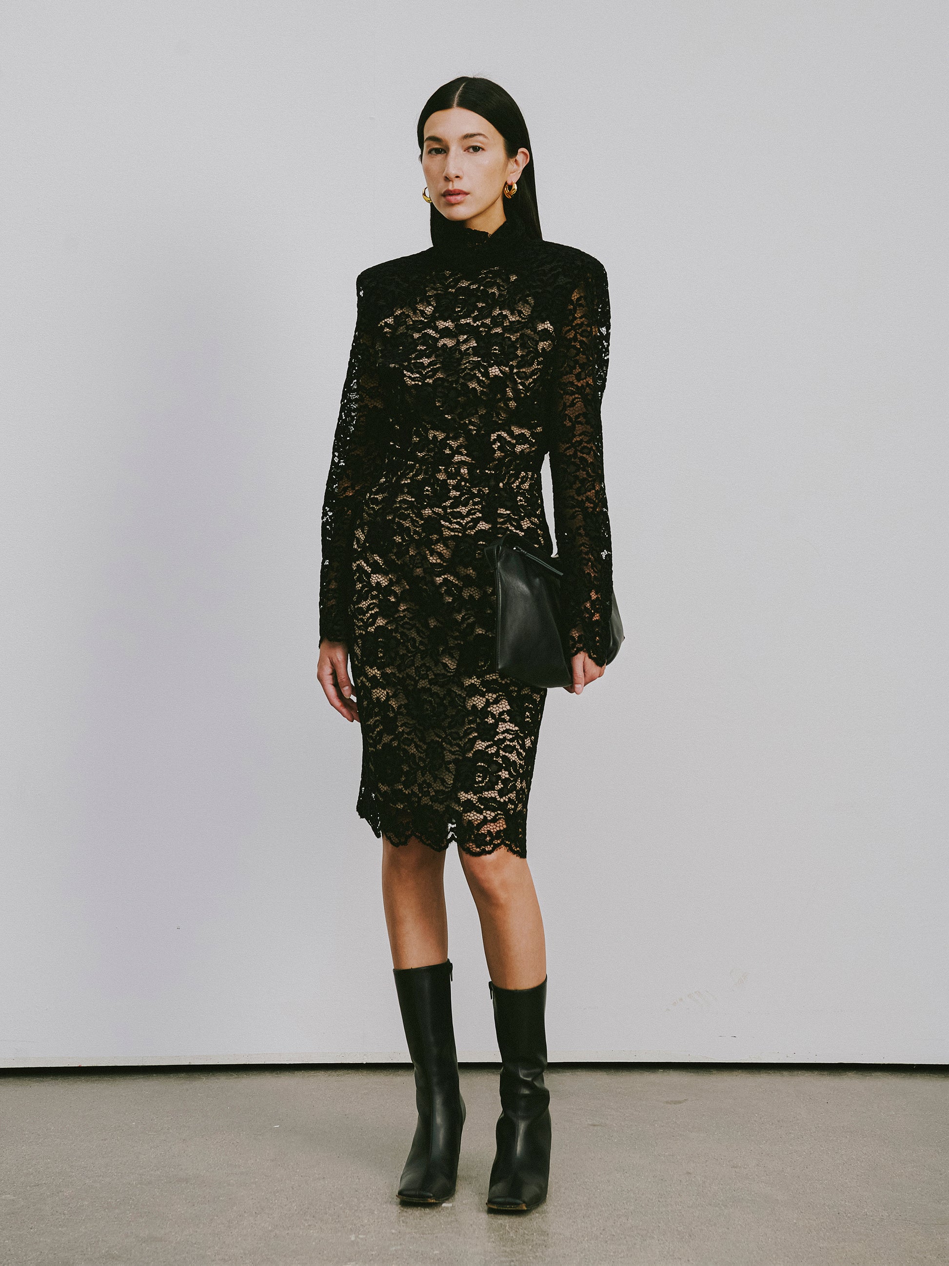 Classic Round-Neck Knee-Length Dress with Flocked Lace & Openwork