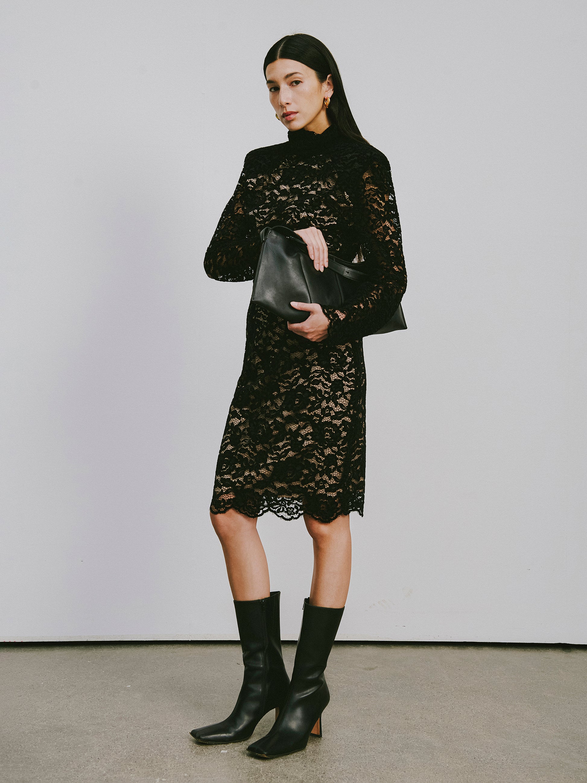 Classic Round-Neck Knee-Length Dress with Flocked Lace & Openwork