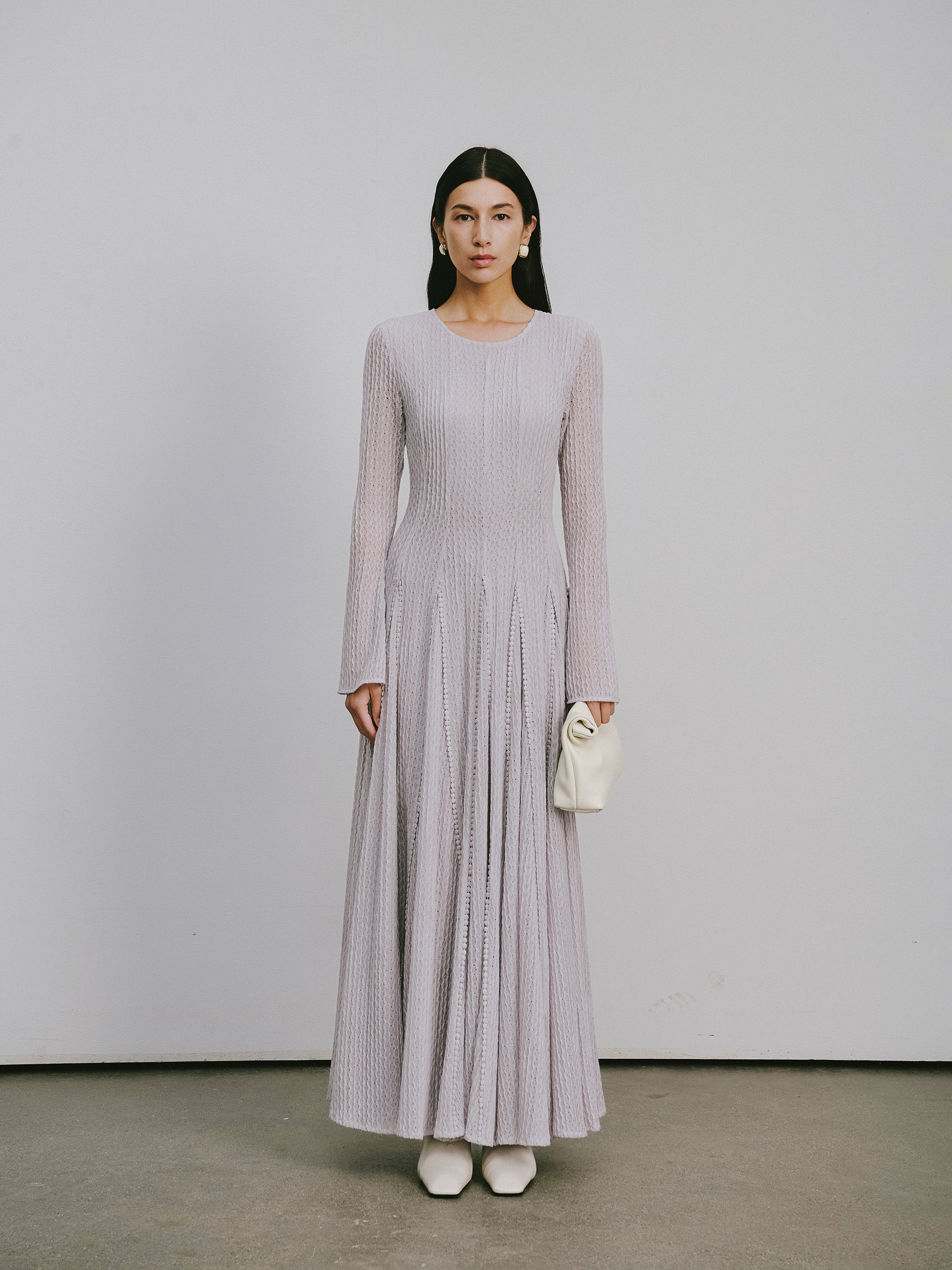 Round-Neck Dress with 3D Wave Texture & Lace-Openwork