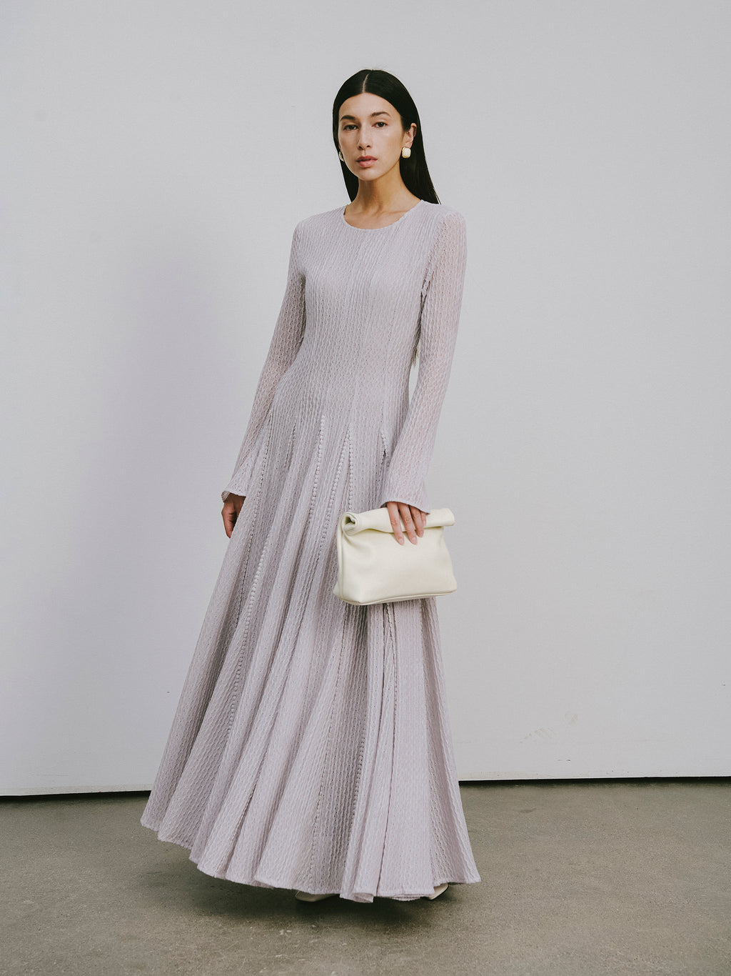 Round-Neck Dress with 3D Wave Texture & Lace-Openwork