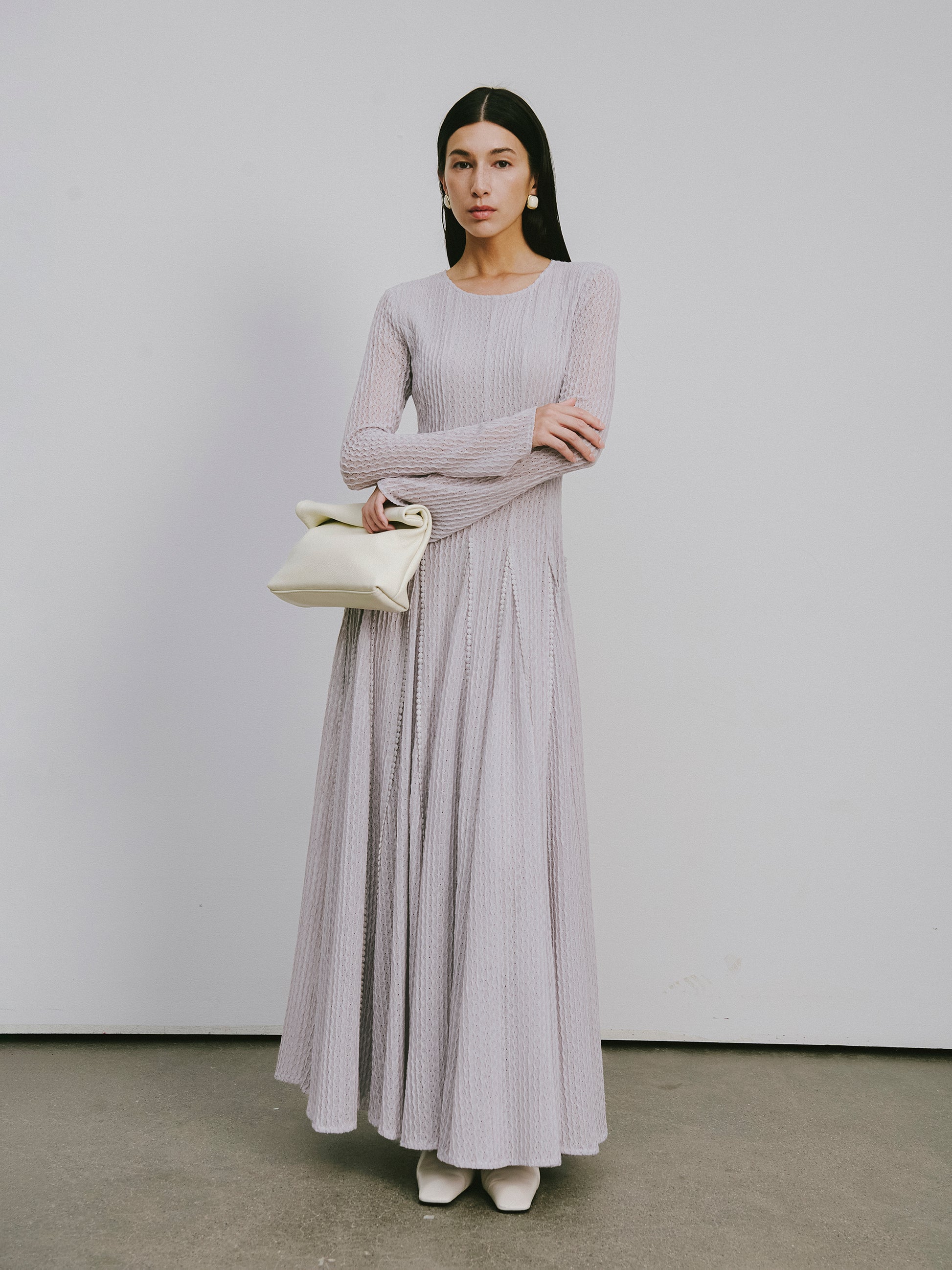 Round-Neck Dress with 3D Wave Texture & Lace-Openwork