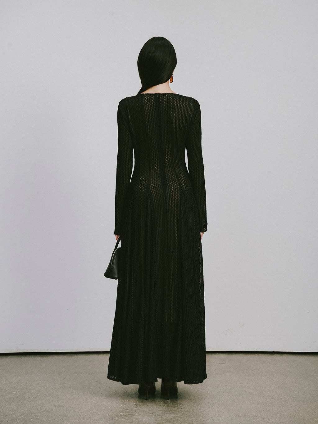 Round-Neck Dress with 3D Wave Texture & Lace-Openwork