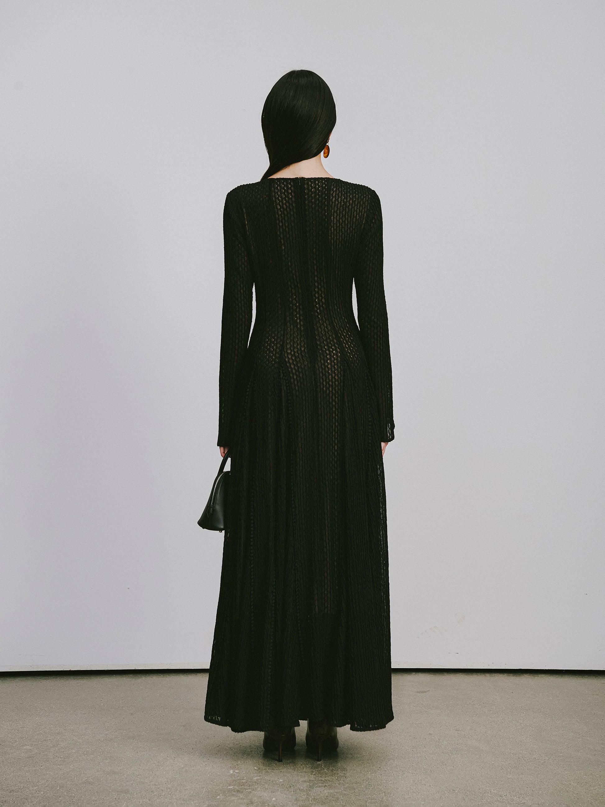 Round-Neck Dress with 3D Wave Texture & Lace-Openwork