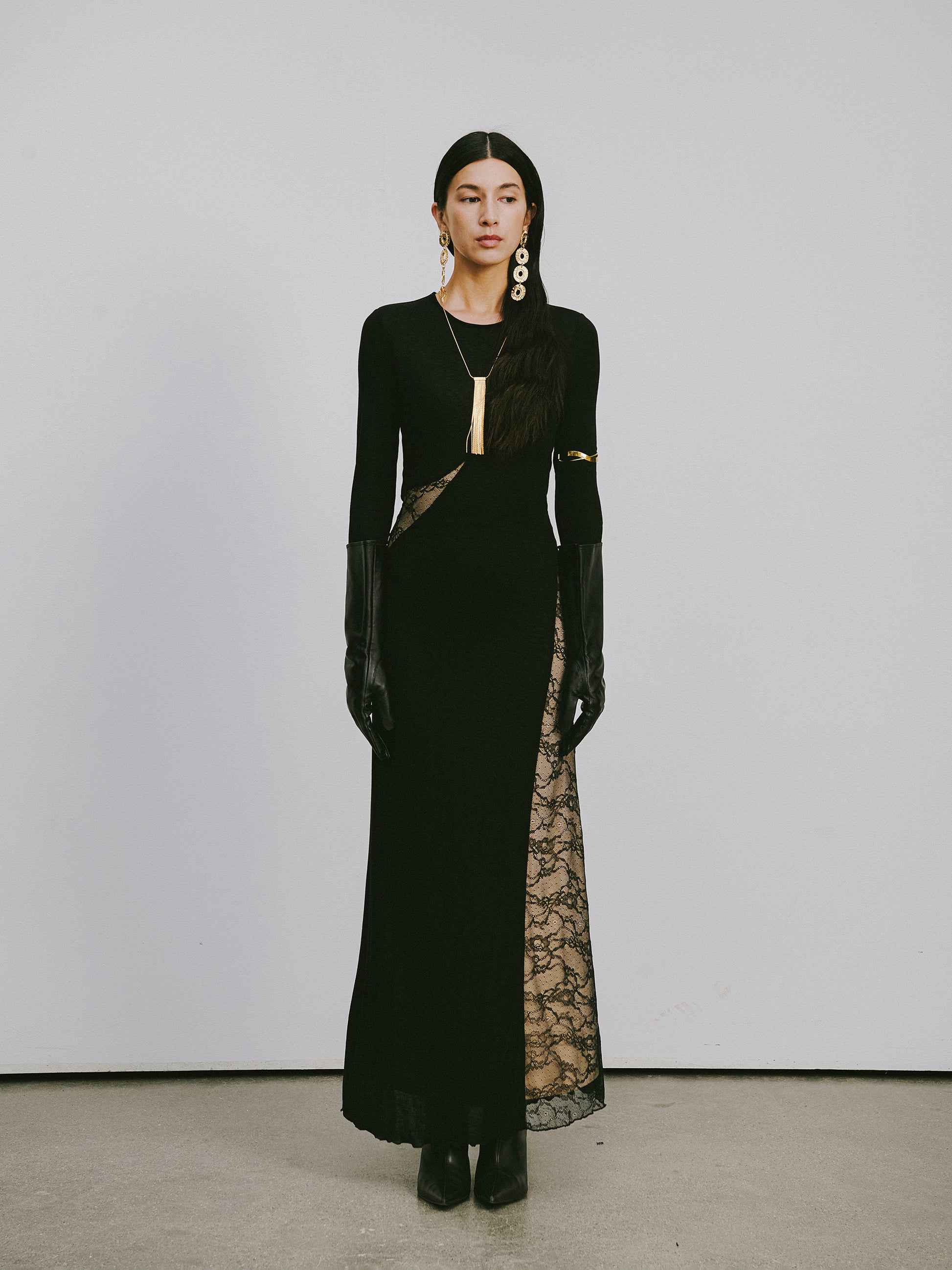 Round-Neck Dress with Contrast Lace Insets