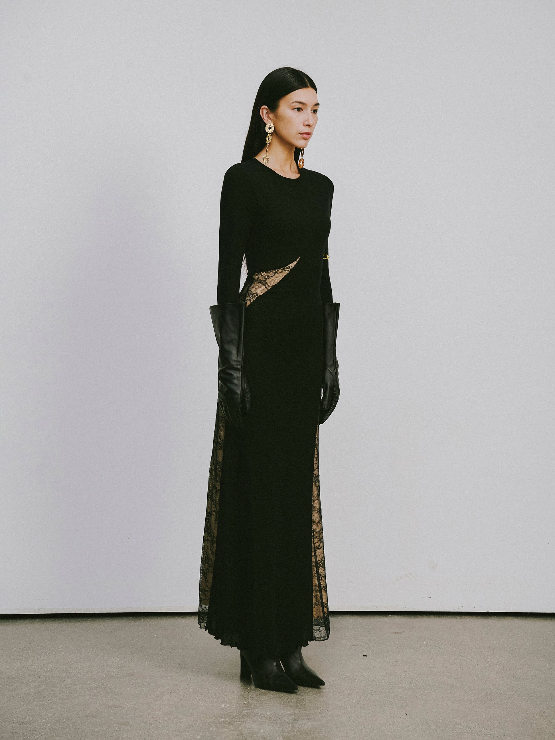 Round-Neck Dress with Contrast Lace Insets