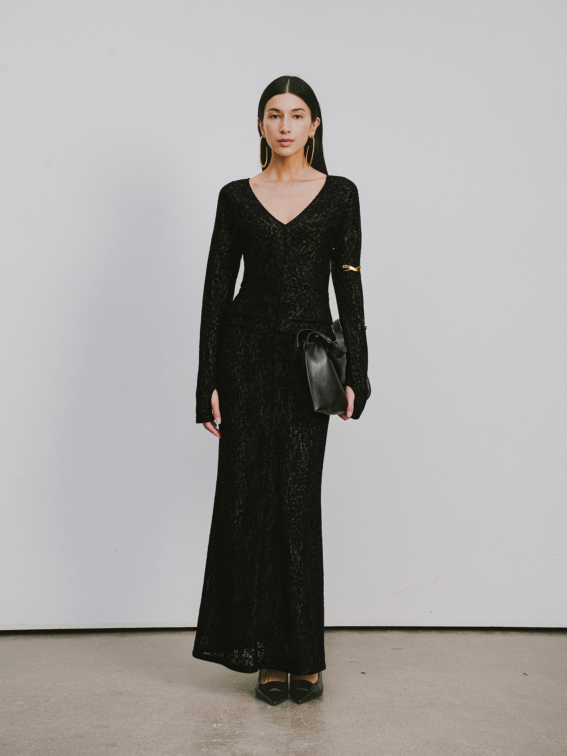 V-Neck Wool Dress with Jacquard & Lace-Openwork Detailing