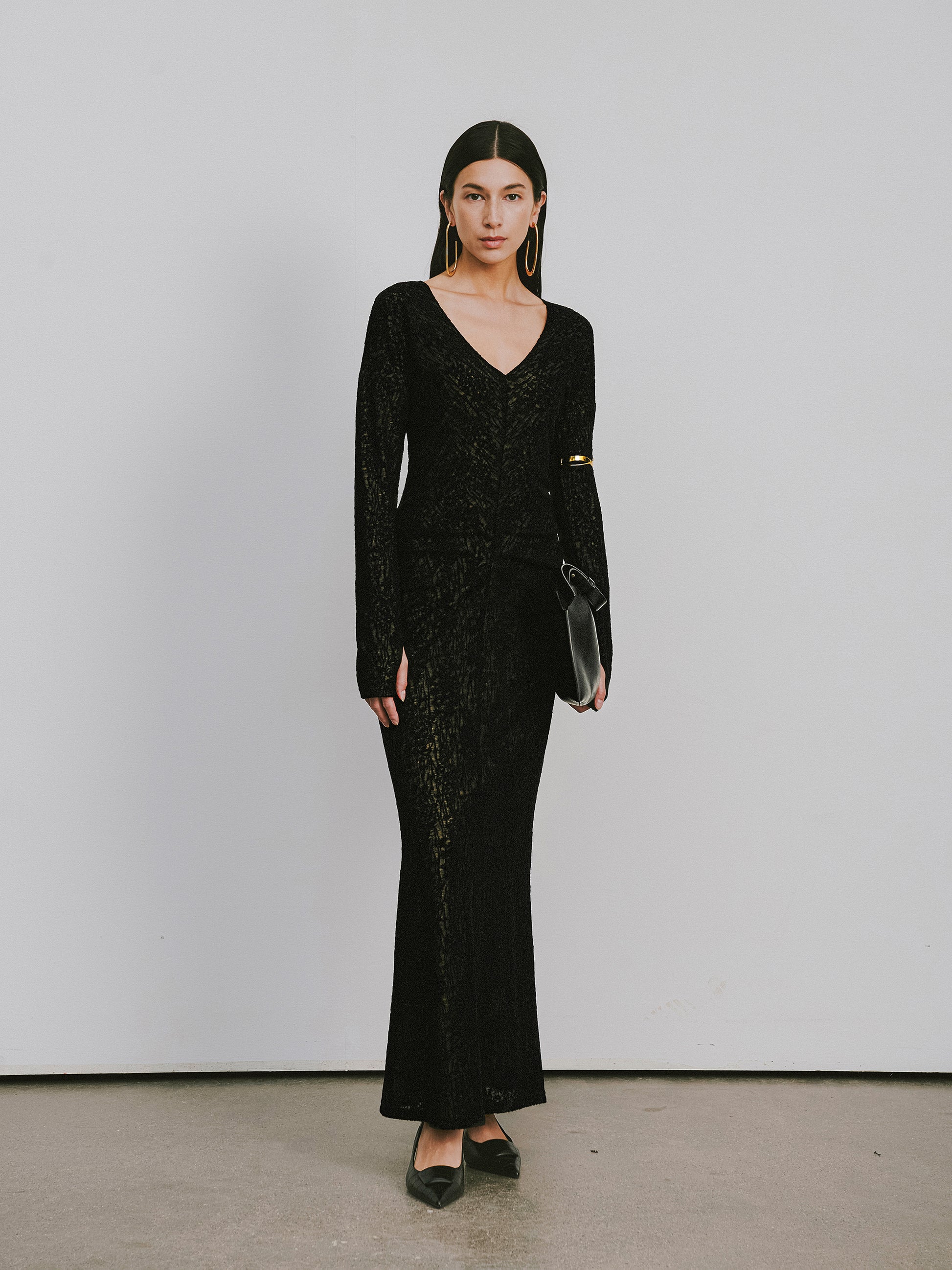 V-Neck Wool Dress with Jacquard & Lace-Openwork Detailing