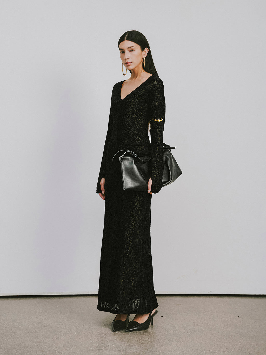 V-Neck Wool Dress with Jacquard & Lace-Openwork Detailing