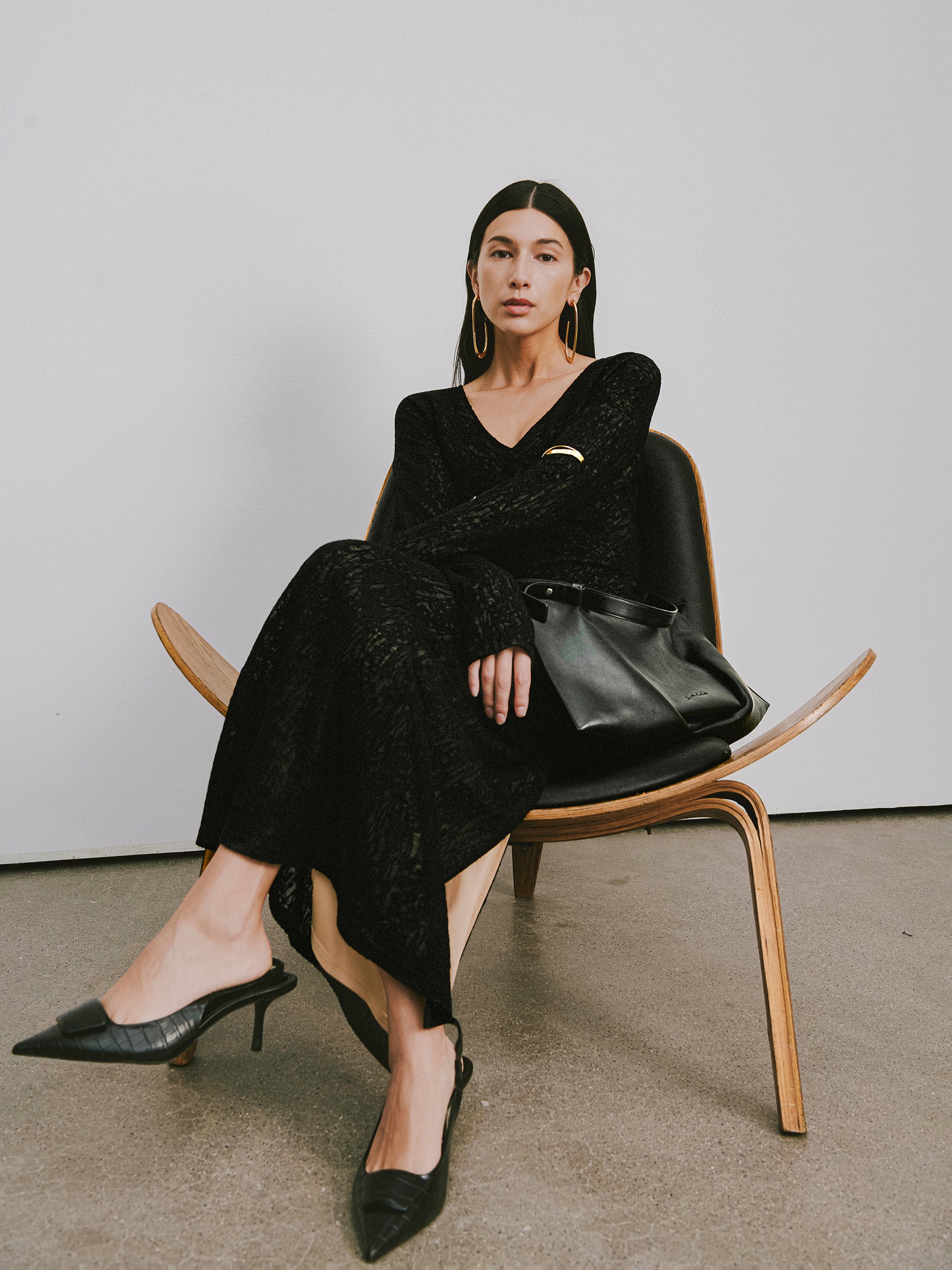 V-Neck Wool Dress with Jacquard & Lace-Openwork Detailing