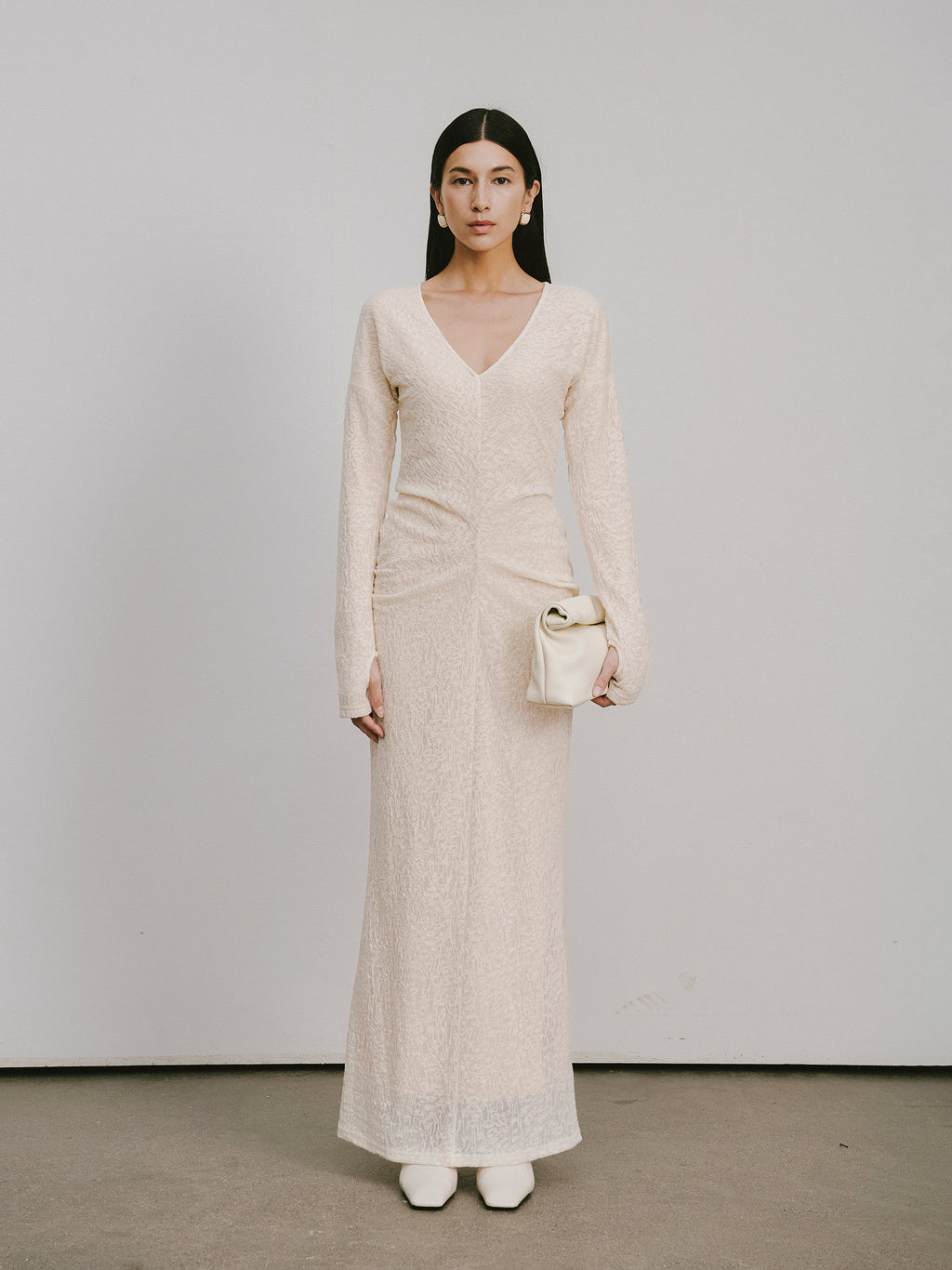 V-Neck Wool Dress with Jacquard & Lace-Openwork Detailing