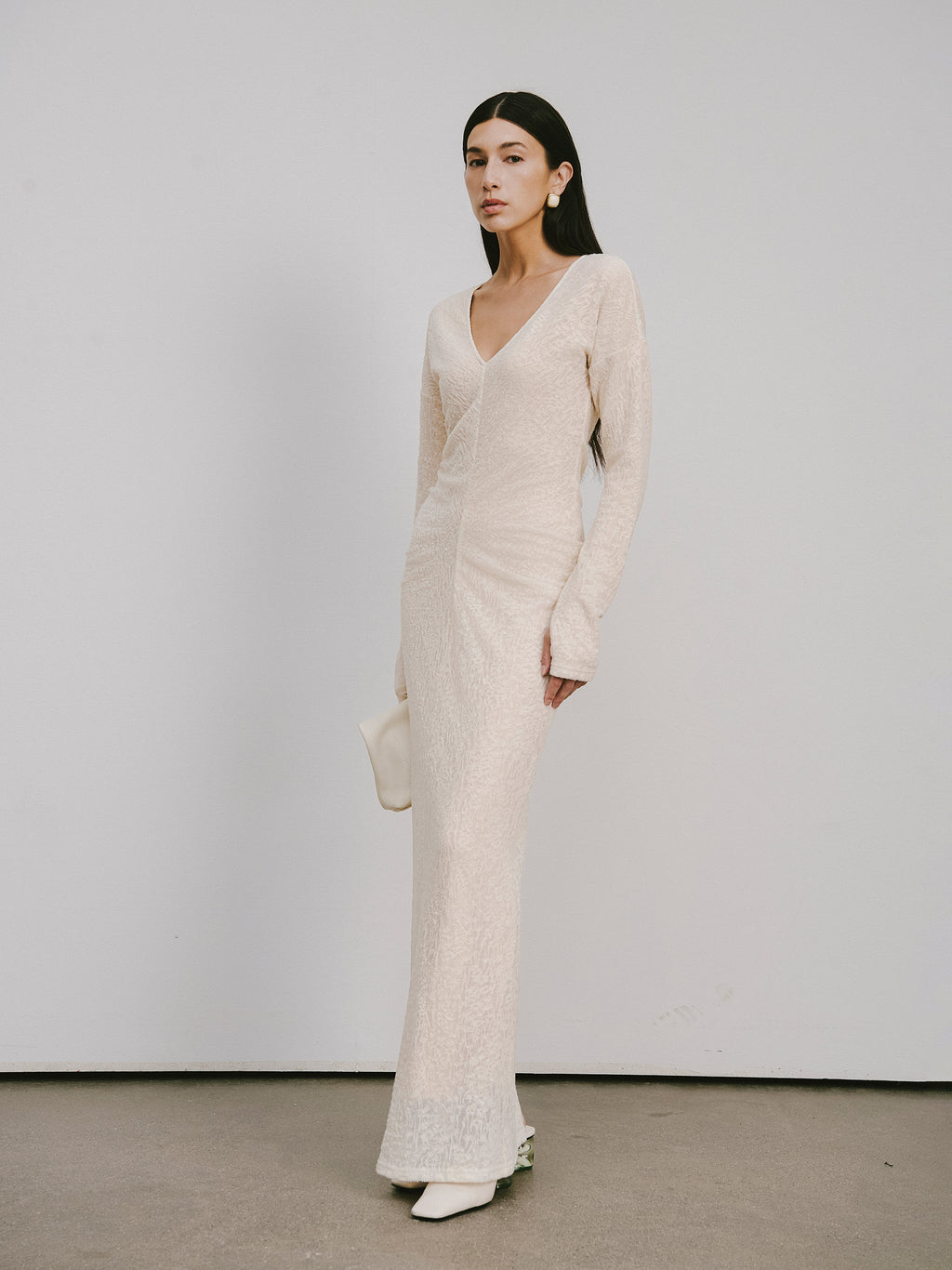 V-Neck Wool Dress with Jacquard & Lace-Openwork Detailing