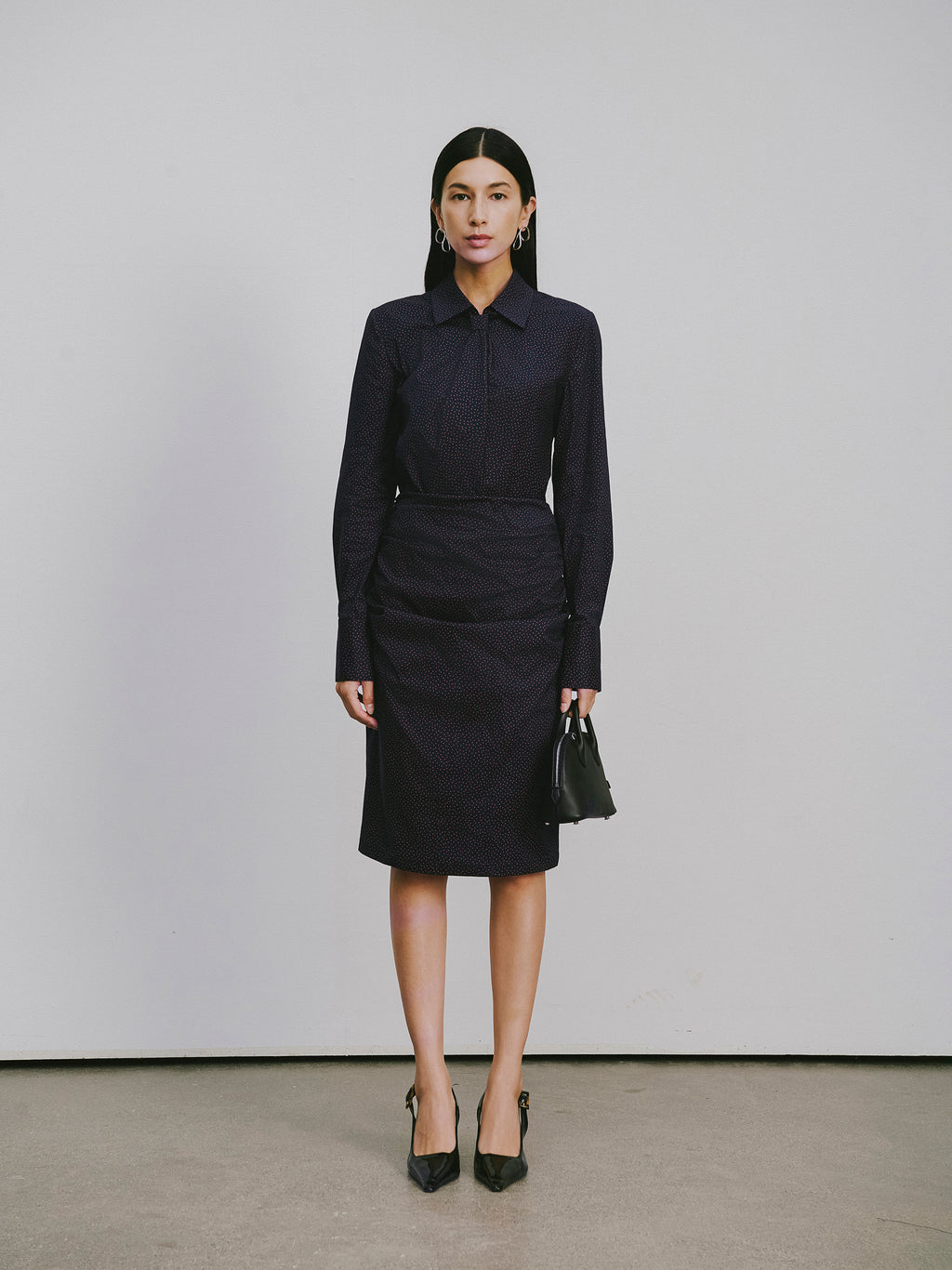 Bow-Tie Collar Blouse with Micro Polka Dots