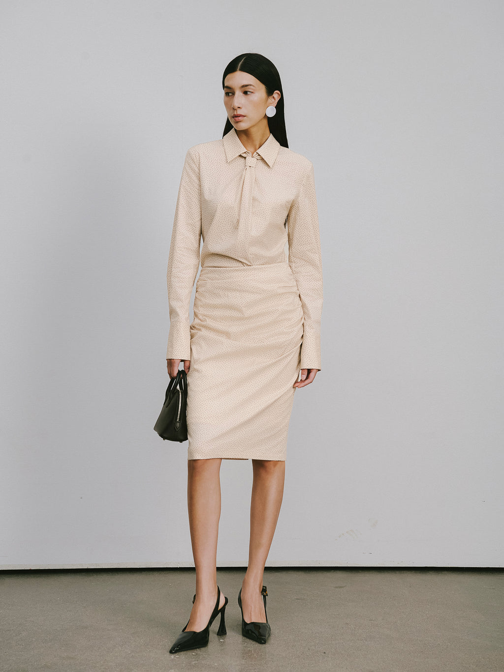 Bow-Tie Collar Blouse with Micro Polka Dots