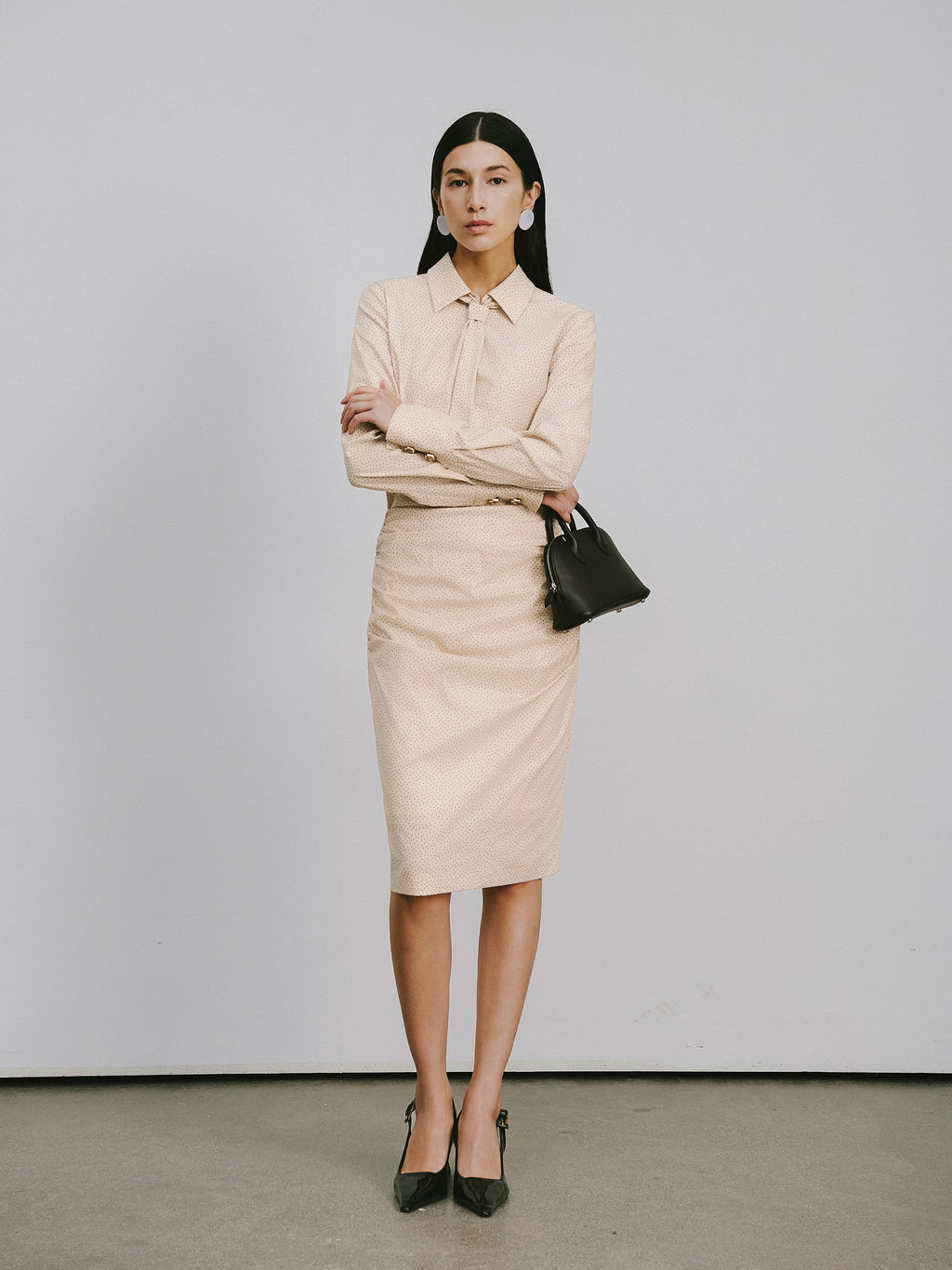 Bow-Tie Collar Blouse with Micro Polka Dots