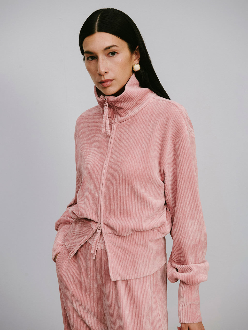 High-Neck Two-Way Zip Corduroy Track Jacket