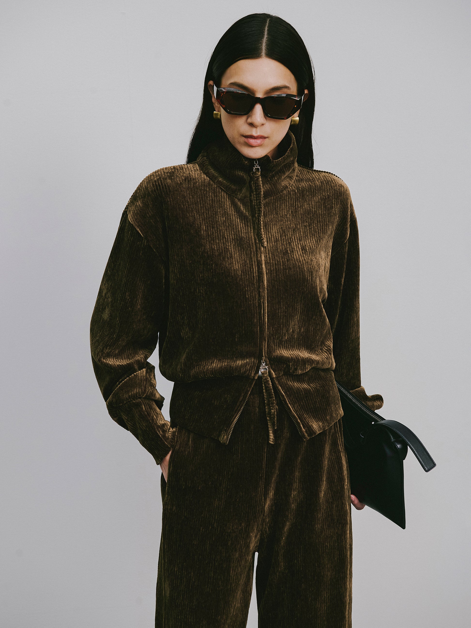 High-Neck Two-Way Zip Corduroy Track Jacket