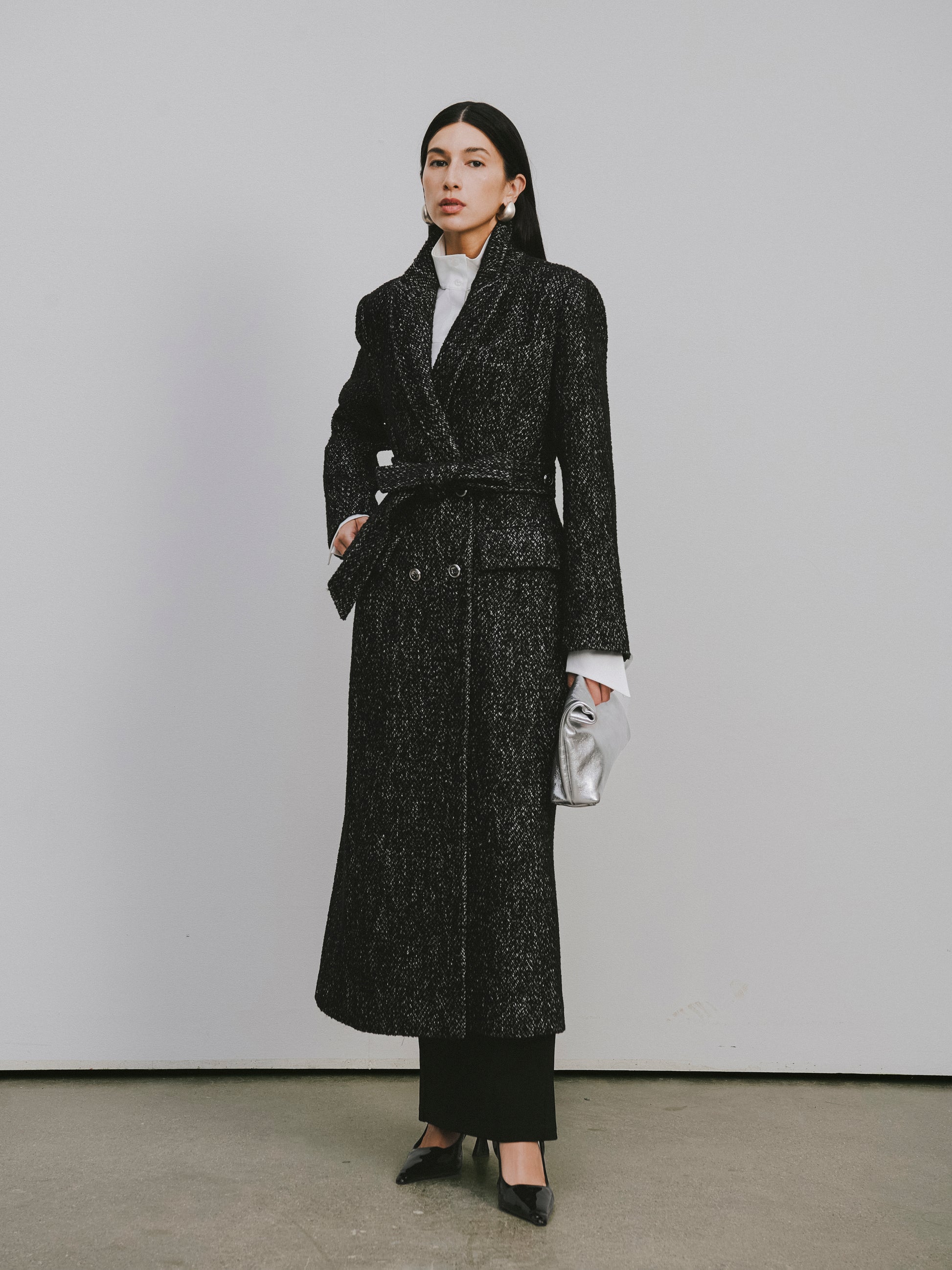 Stand Collar Tie-Waist X-Silhouette Long Coat
