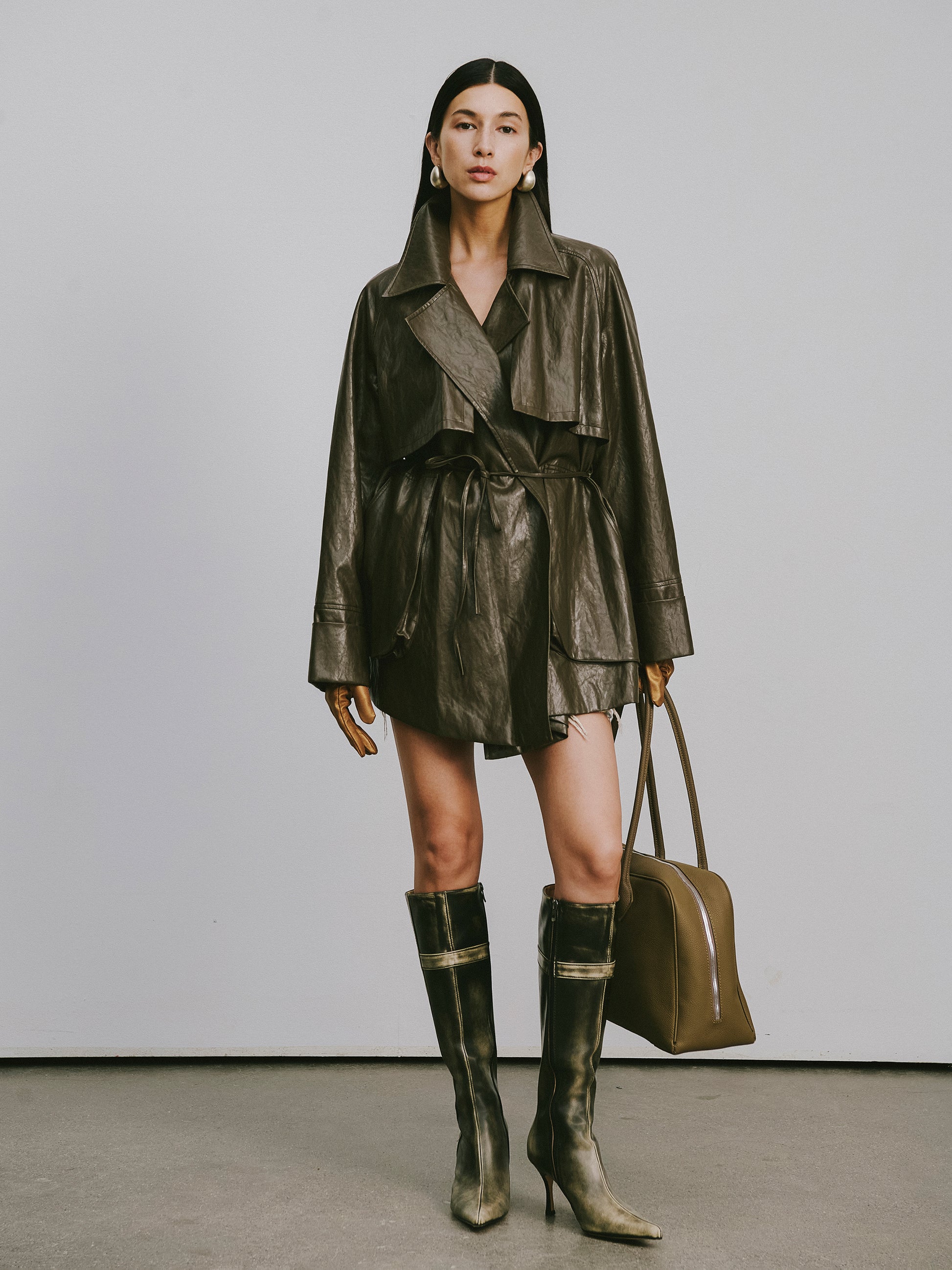 Relaxed Fit Belted Thigh-Length Leather-Look Jacket ( Faux Leather)