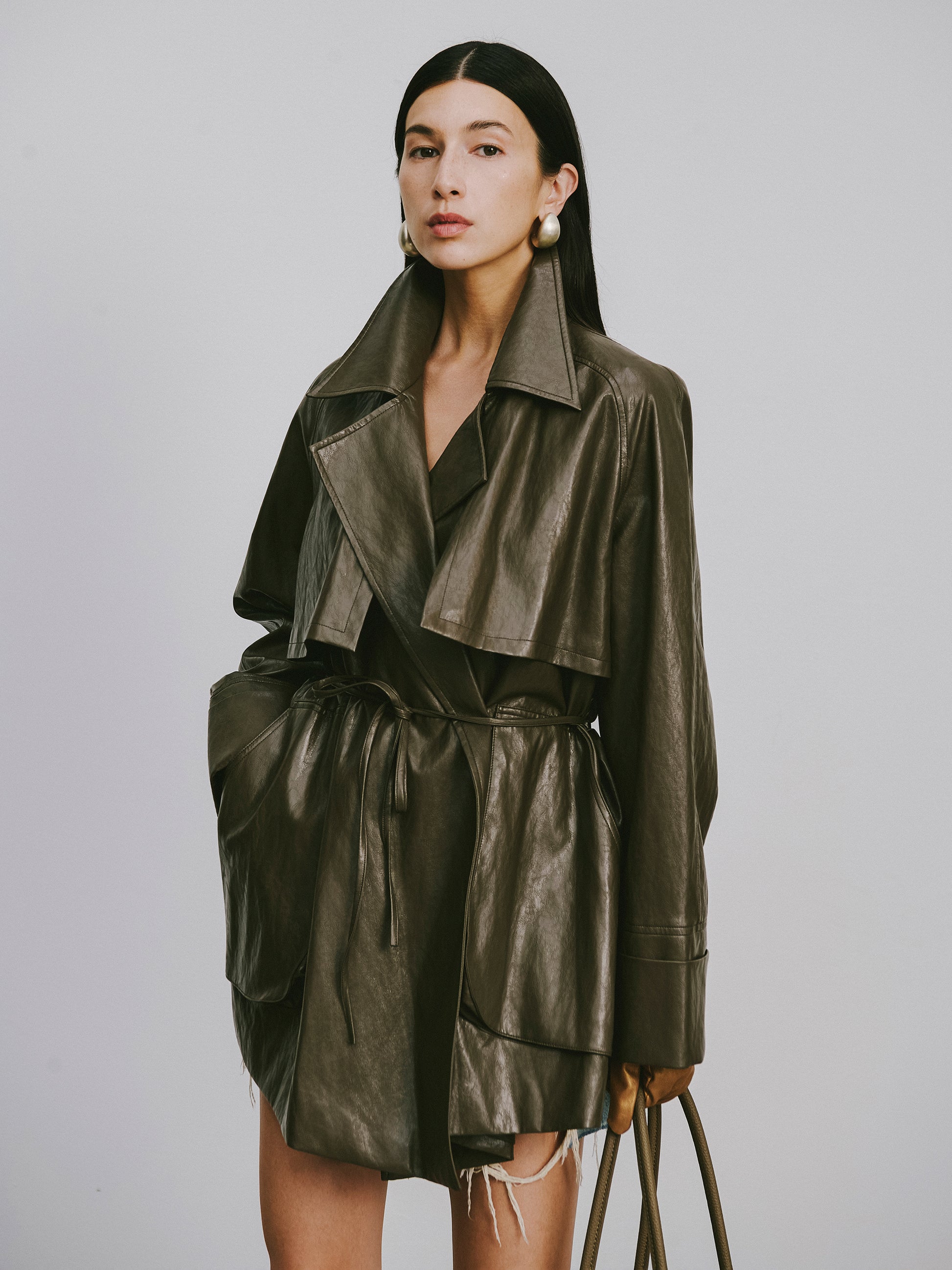 Relaxed Fit Belted Thigh-Length Leather-Look Jacket ( Faux Leather)