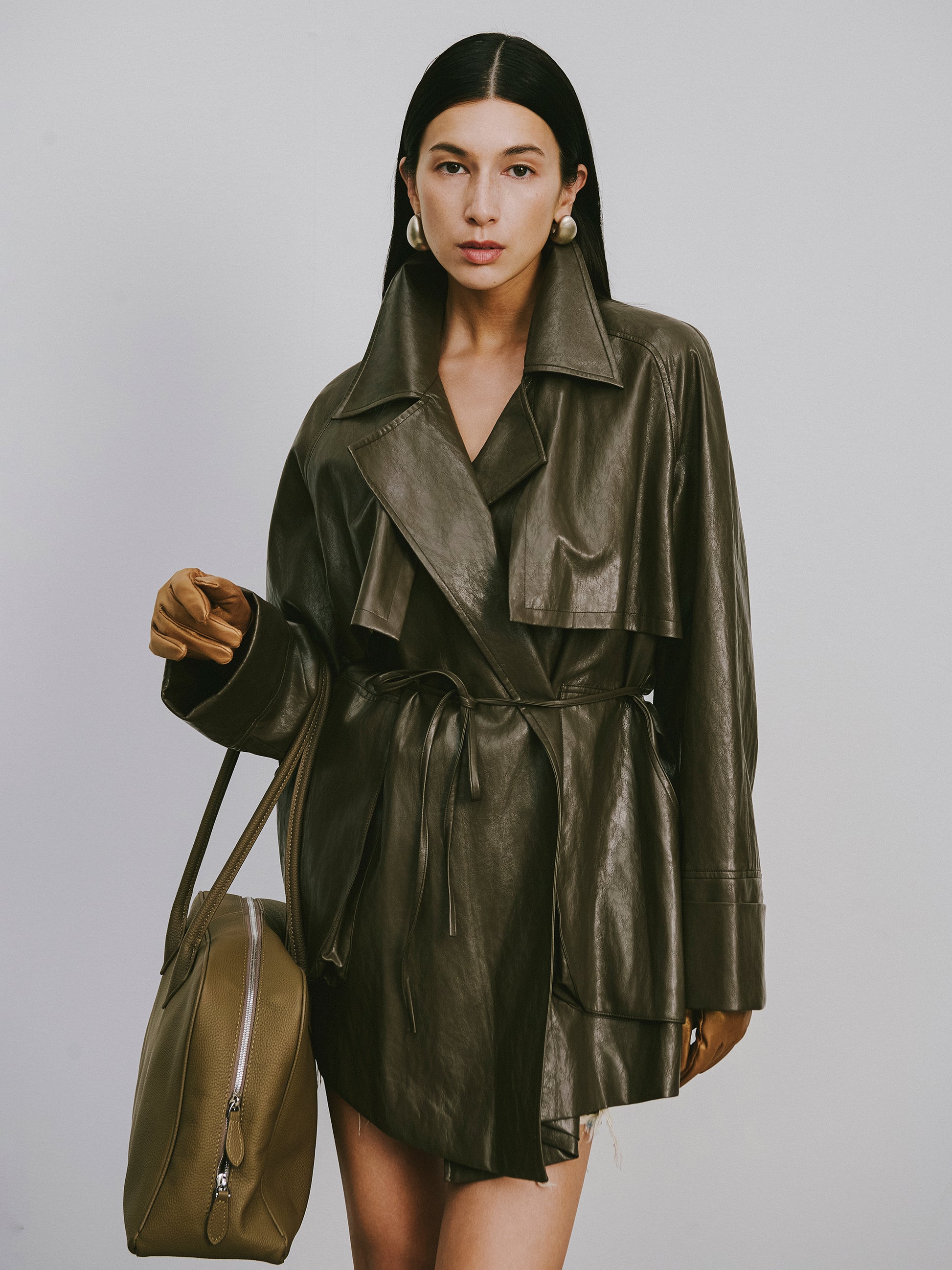 Relaxed Fit Belted Thigh-Length Leather-Look Jacket ( Faux Leather)