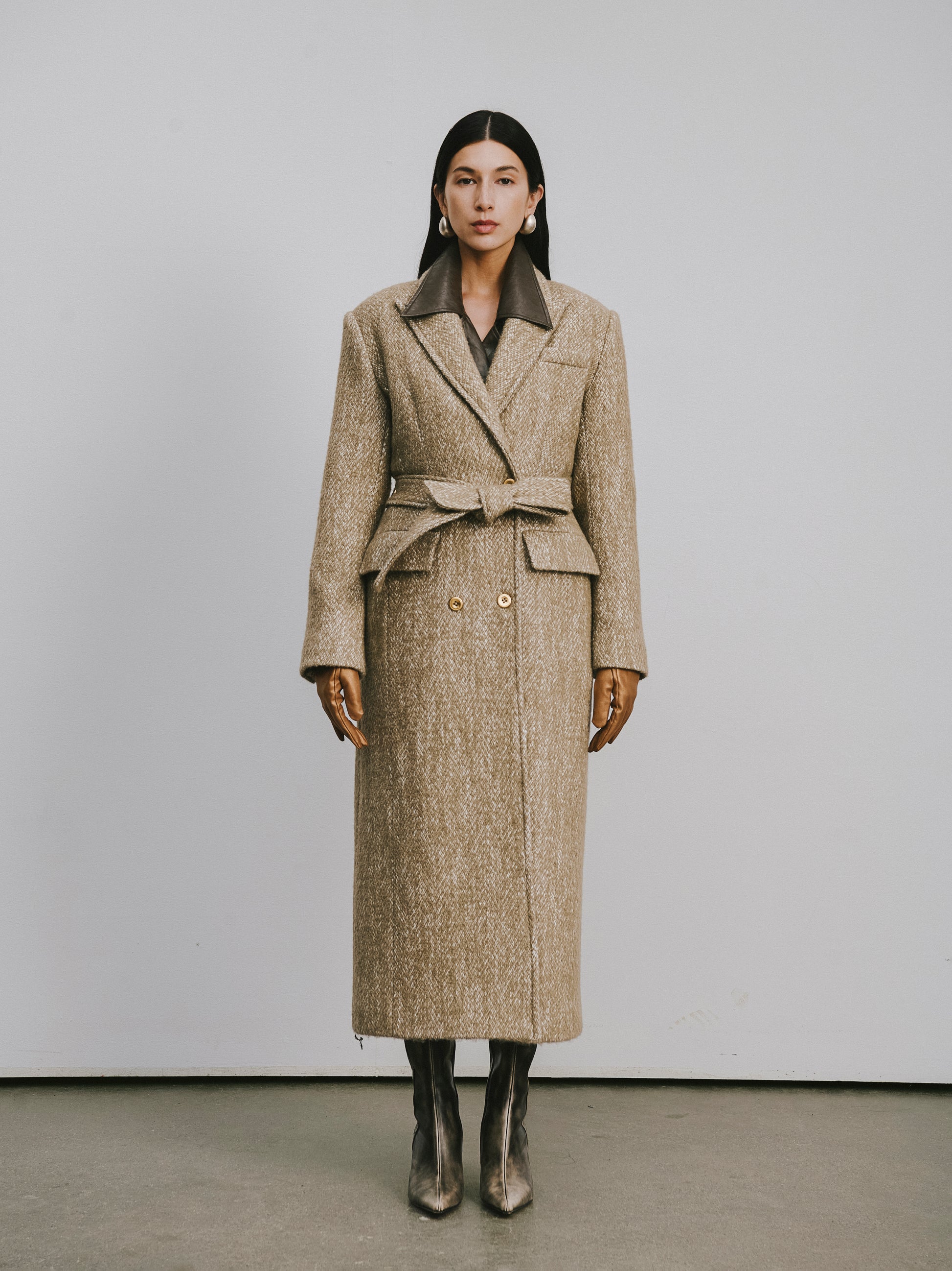 Stand Collar Tie-Waist X-Silhouette Long Coat