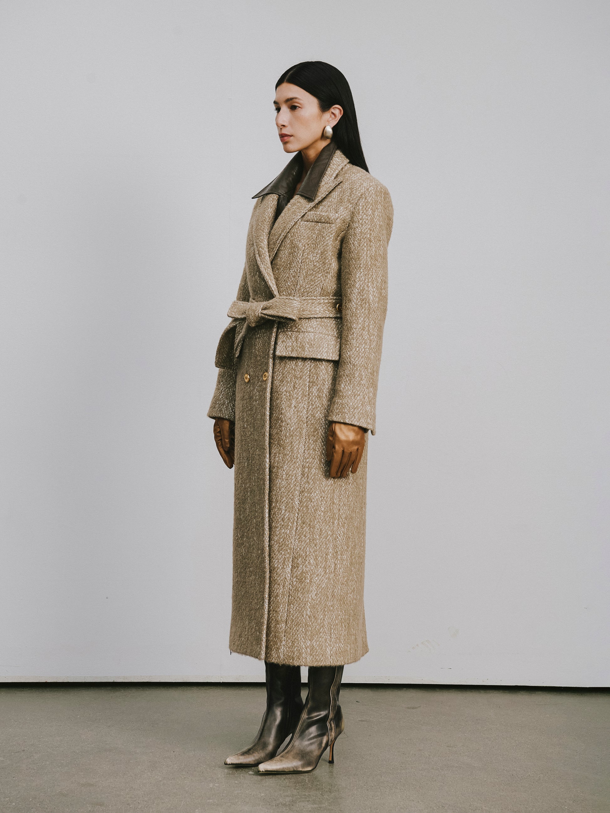 Stand Collar Tie-Waist X-Silhouette Long Coat