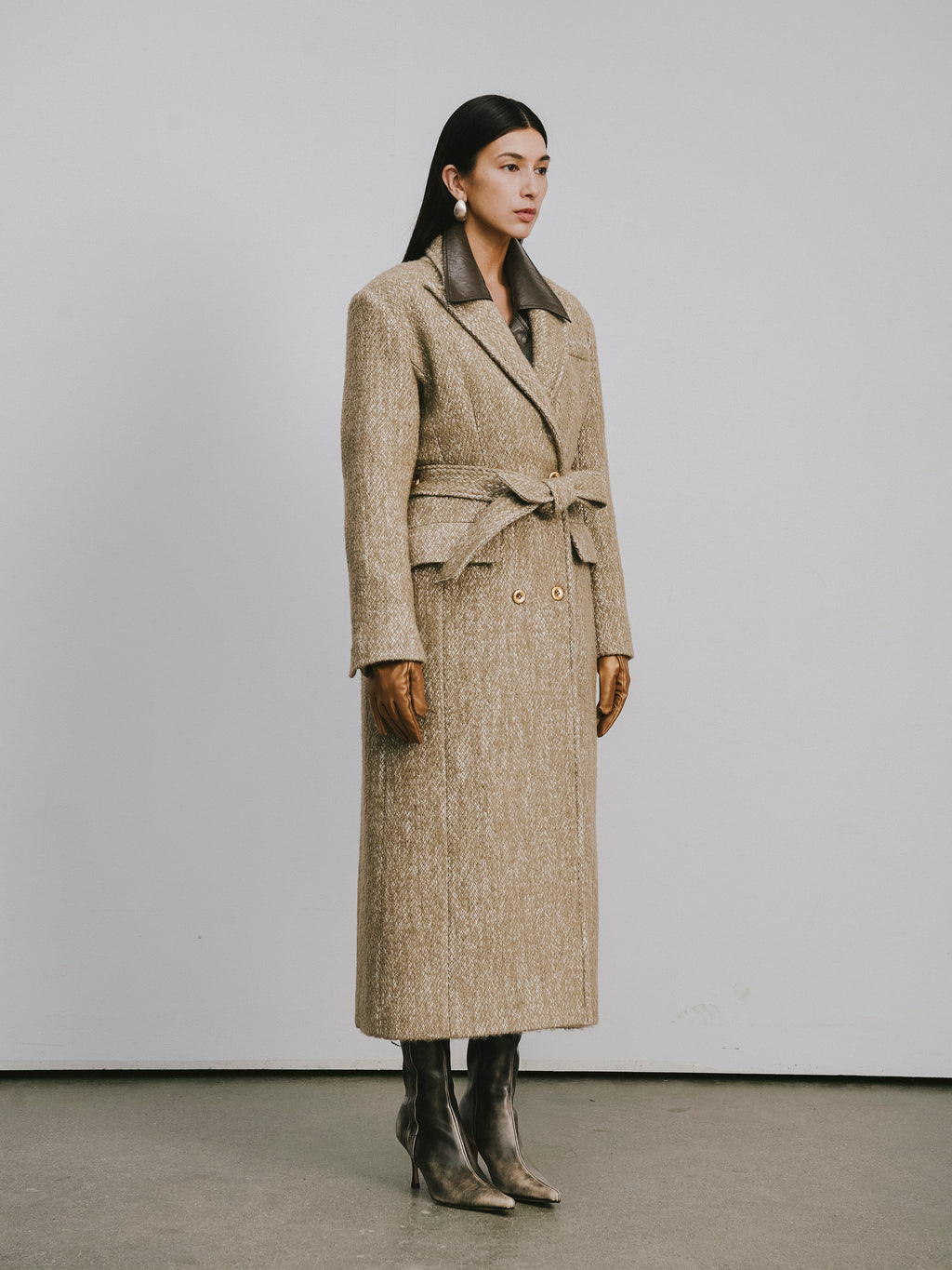 Stand Collar Tie-Waist X-Silhouette Long Coat