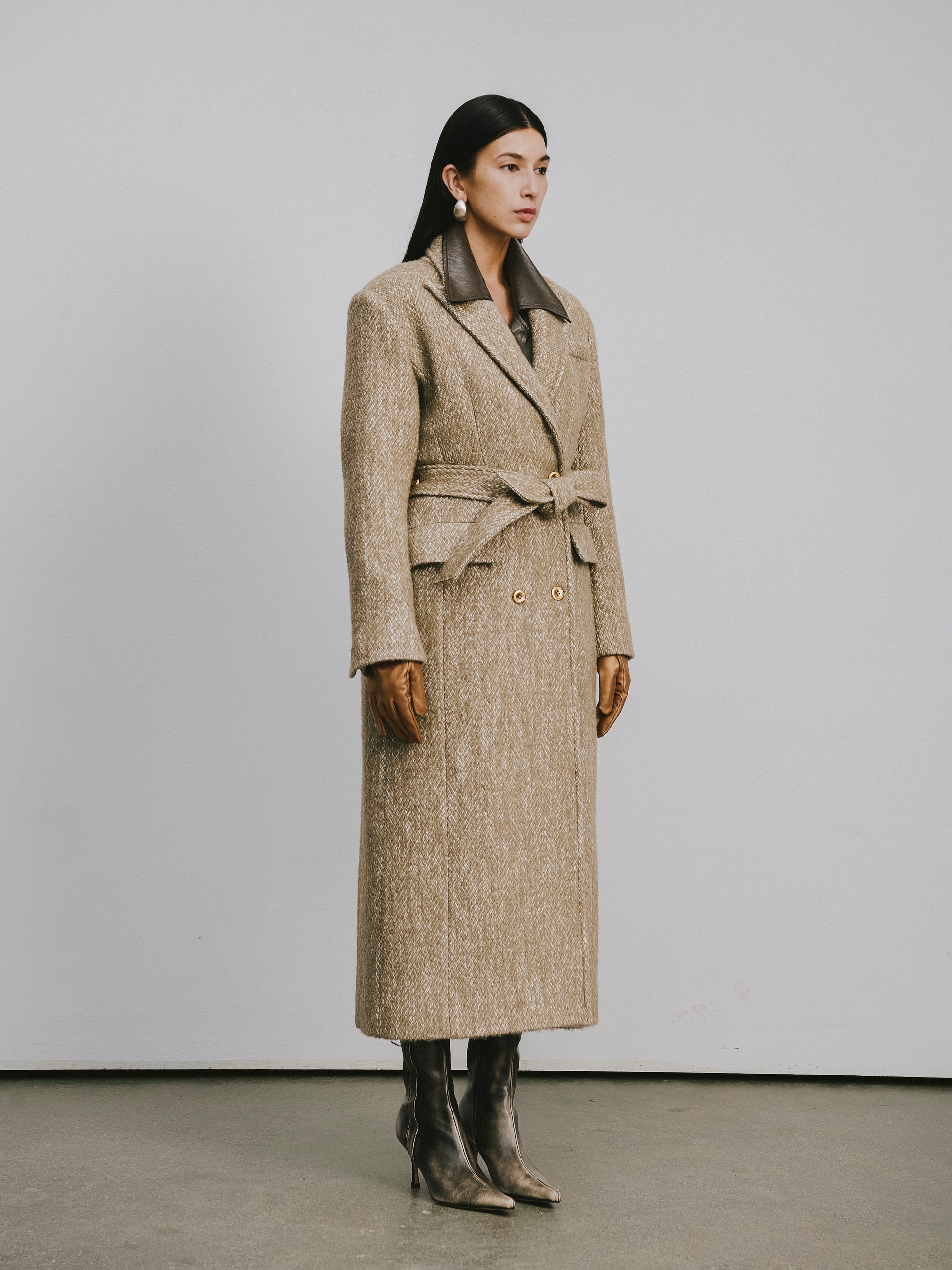 Stand Collar Tie-Waist X-Silhouette Long Coat