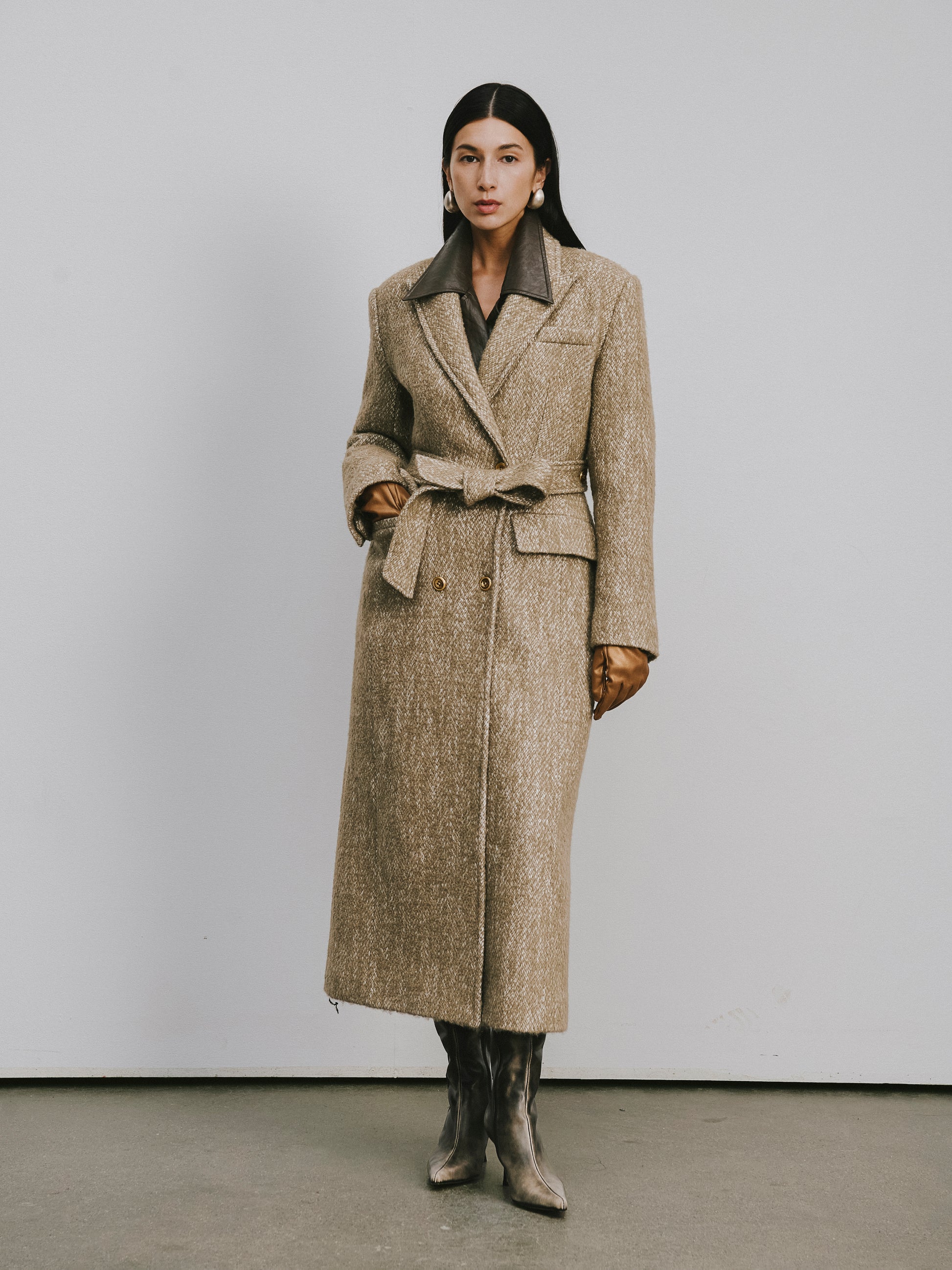 Stand Collar Tie-Waist X-Silhouette Long Coat