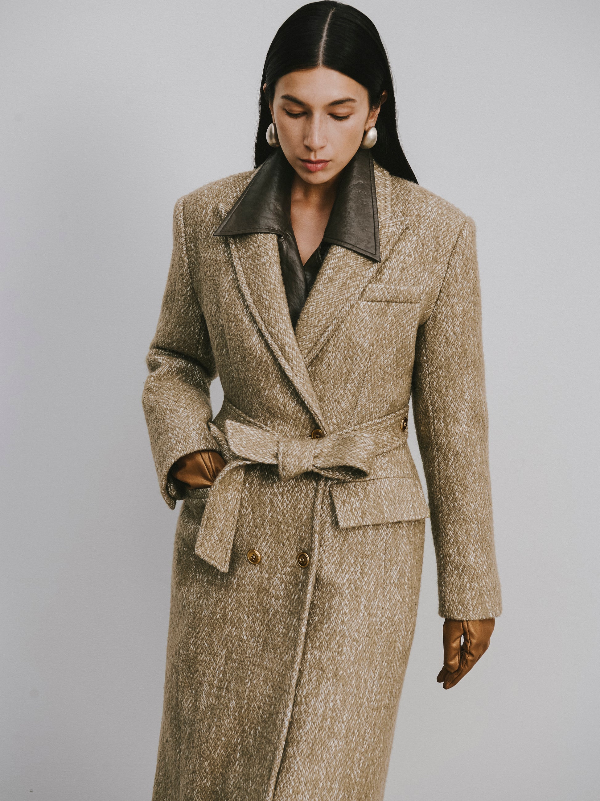 Stand Collar Tie-Waist X-Silhouette Long Coat