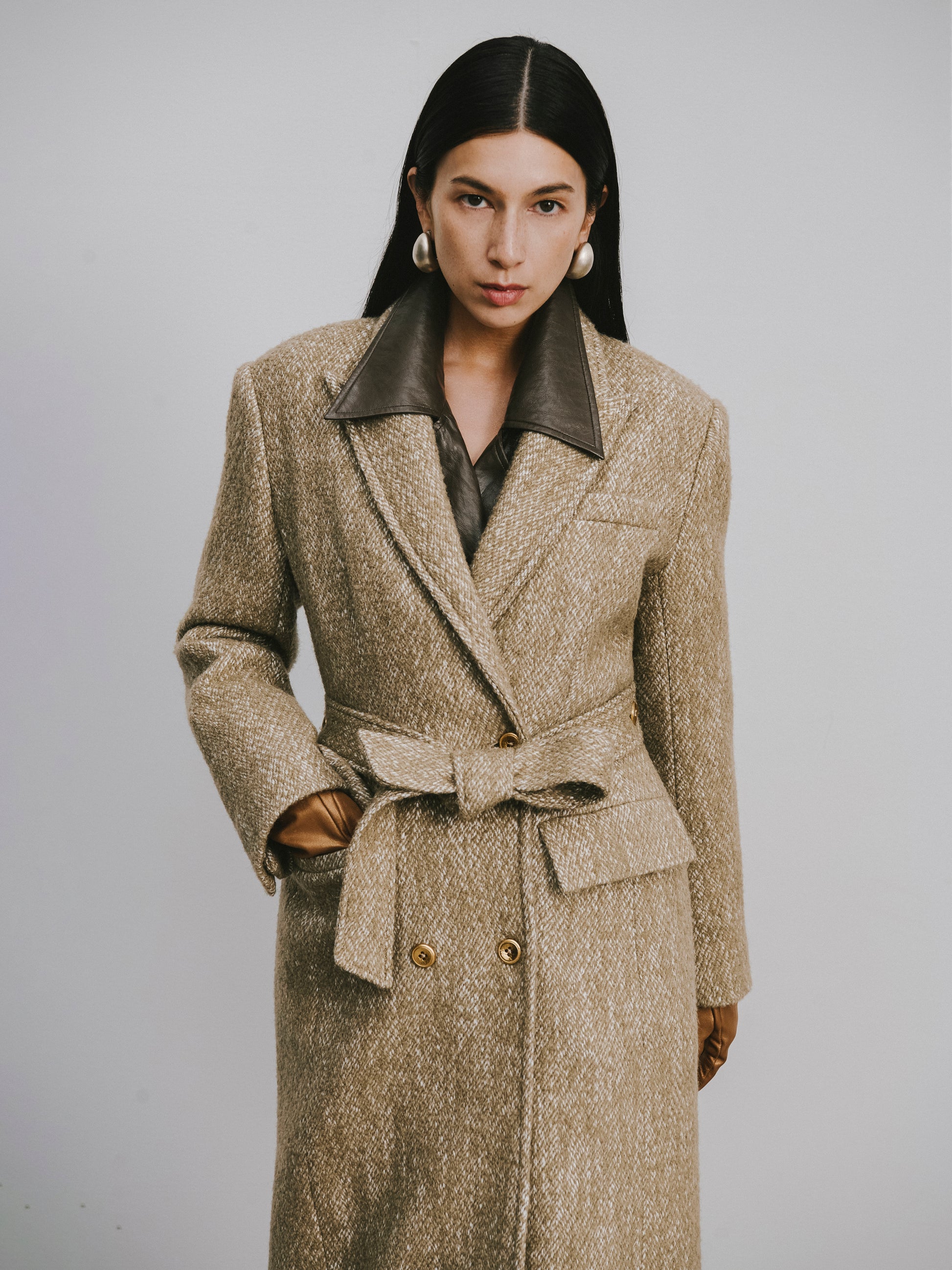 Stand Collar Tie-Waist X-Silhouette Long Coat