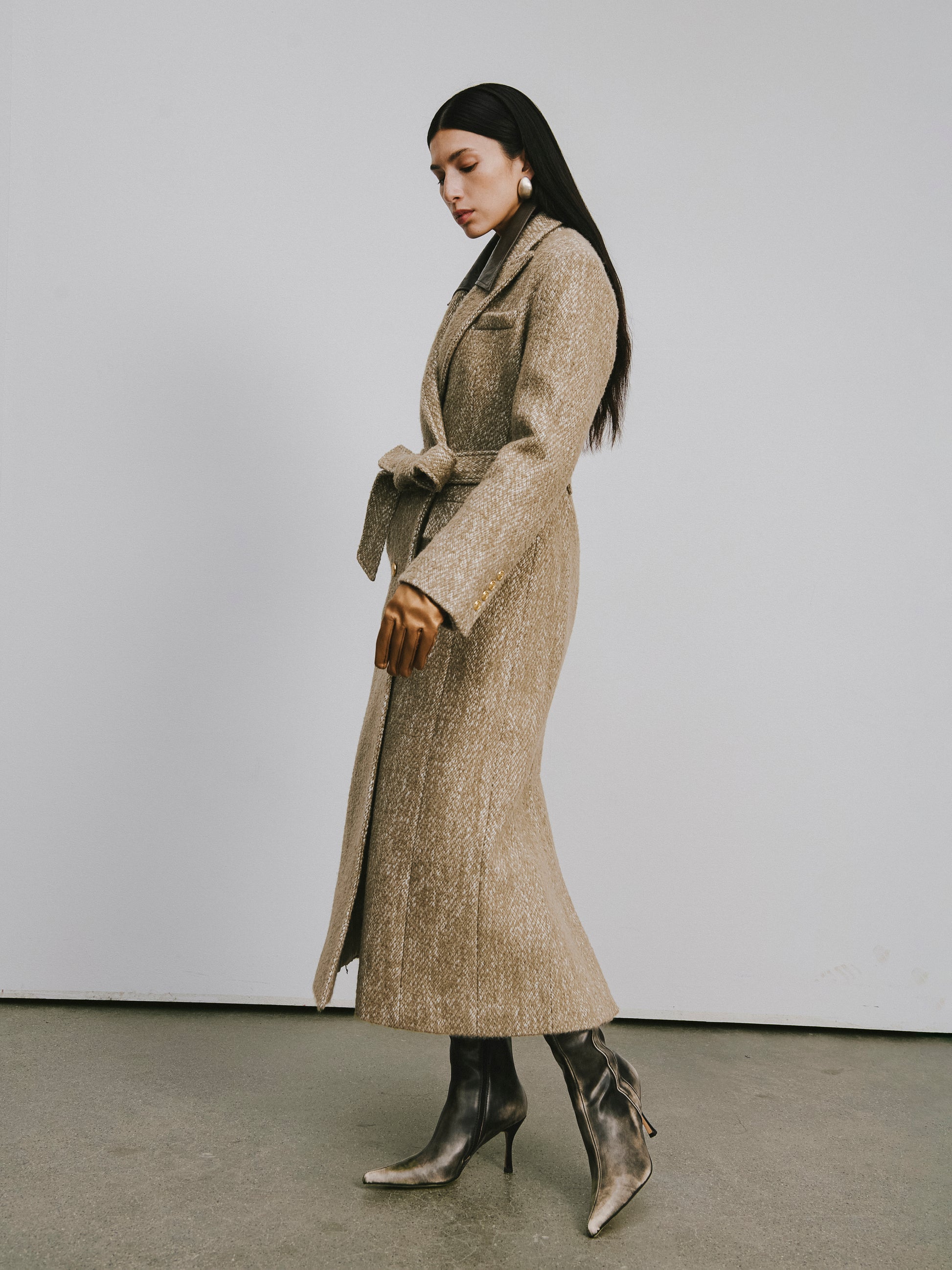 Stand Collar Tie-Waist X-Silhouette Long Coat