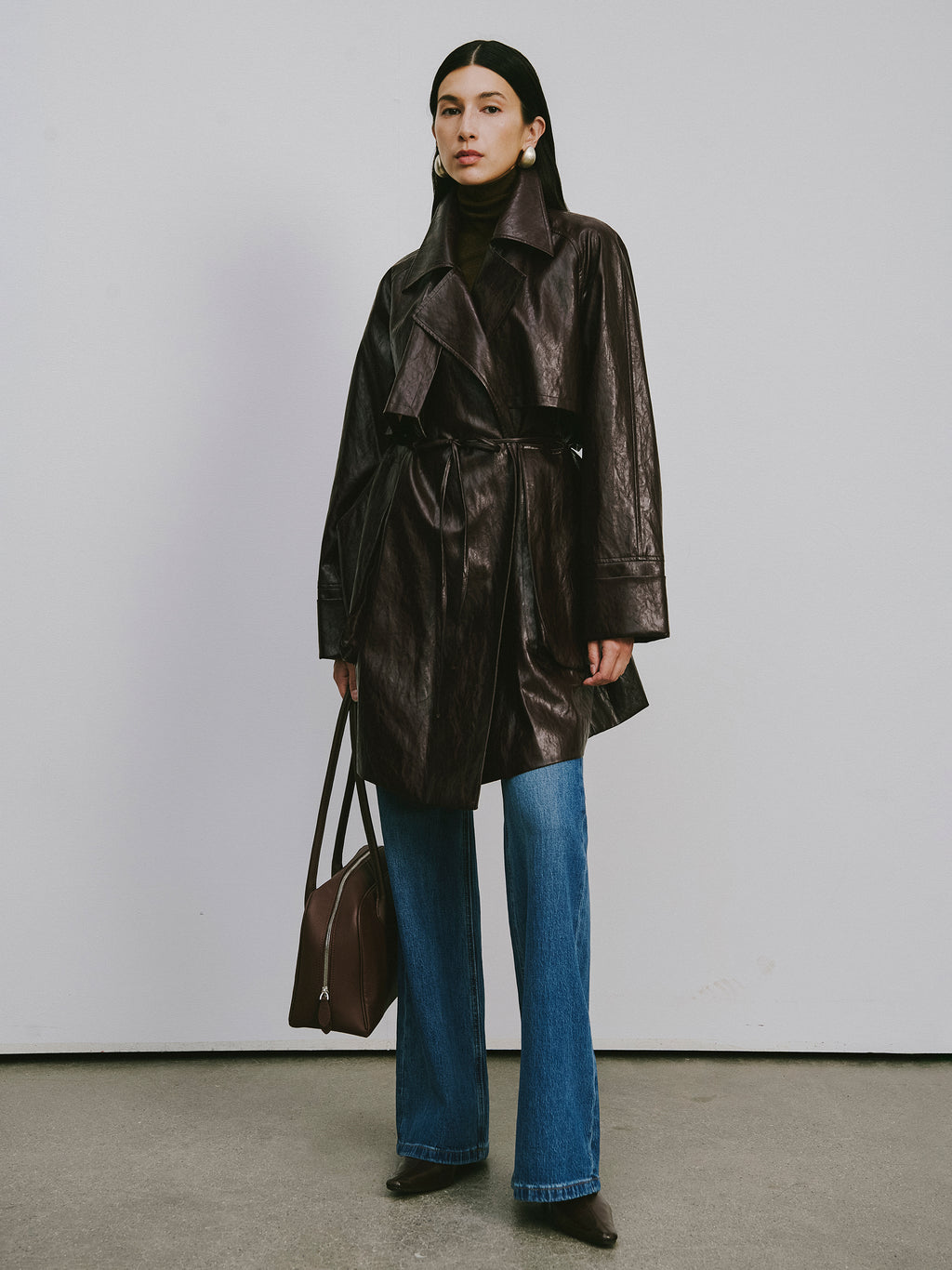 Relaxed Fit Belted Thigh-Length Leather-Look Jacket ( Faux Leather)