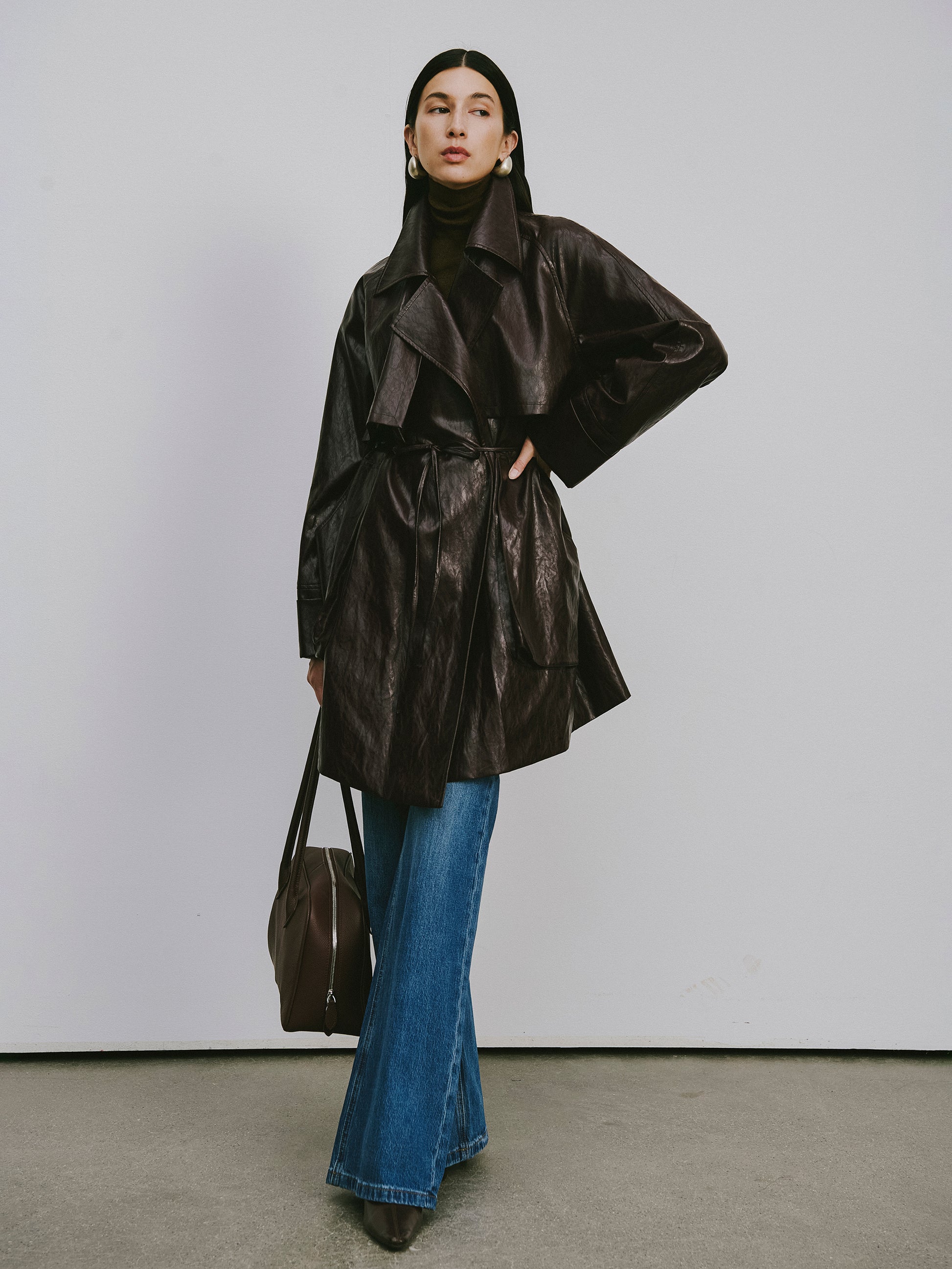 Relaxed Fit Belted Thigh-Length Leather-Look Jacket ( Faux Leather)