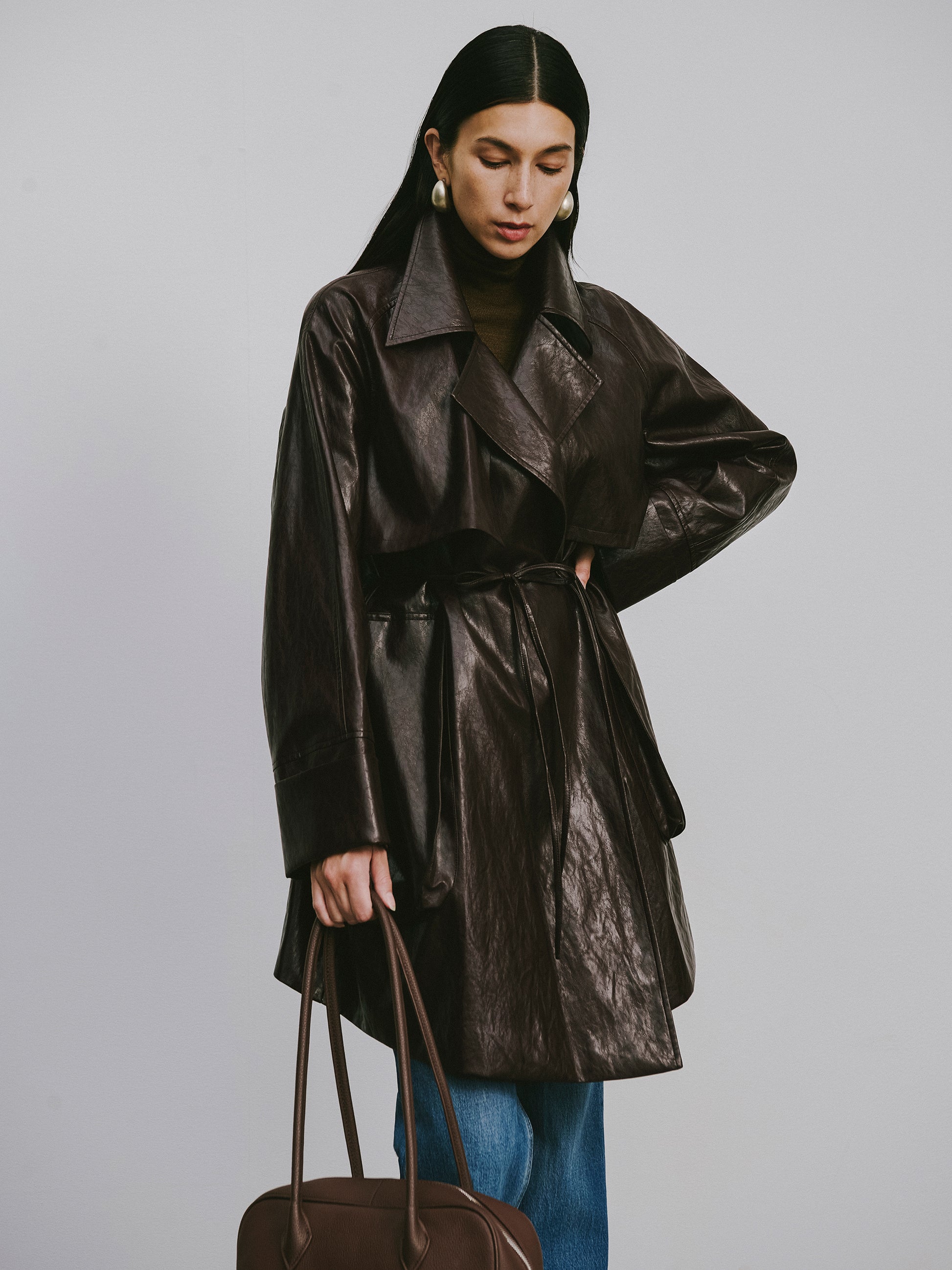 Relaxed Fit Belted Thigh-Length Leather-Look Jacket ( Faux Leather)