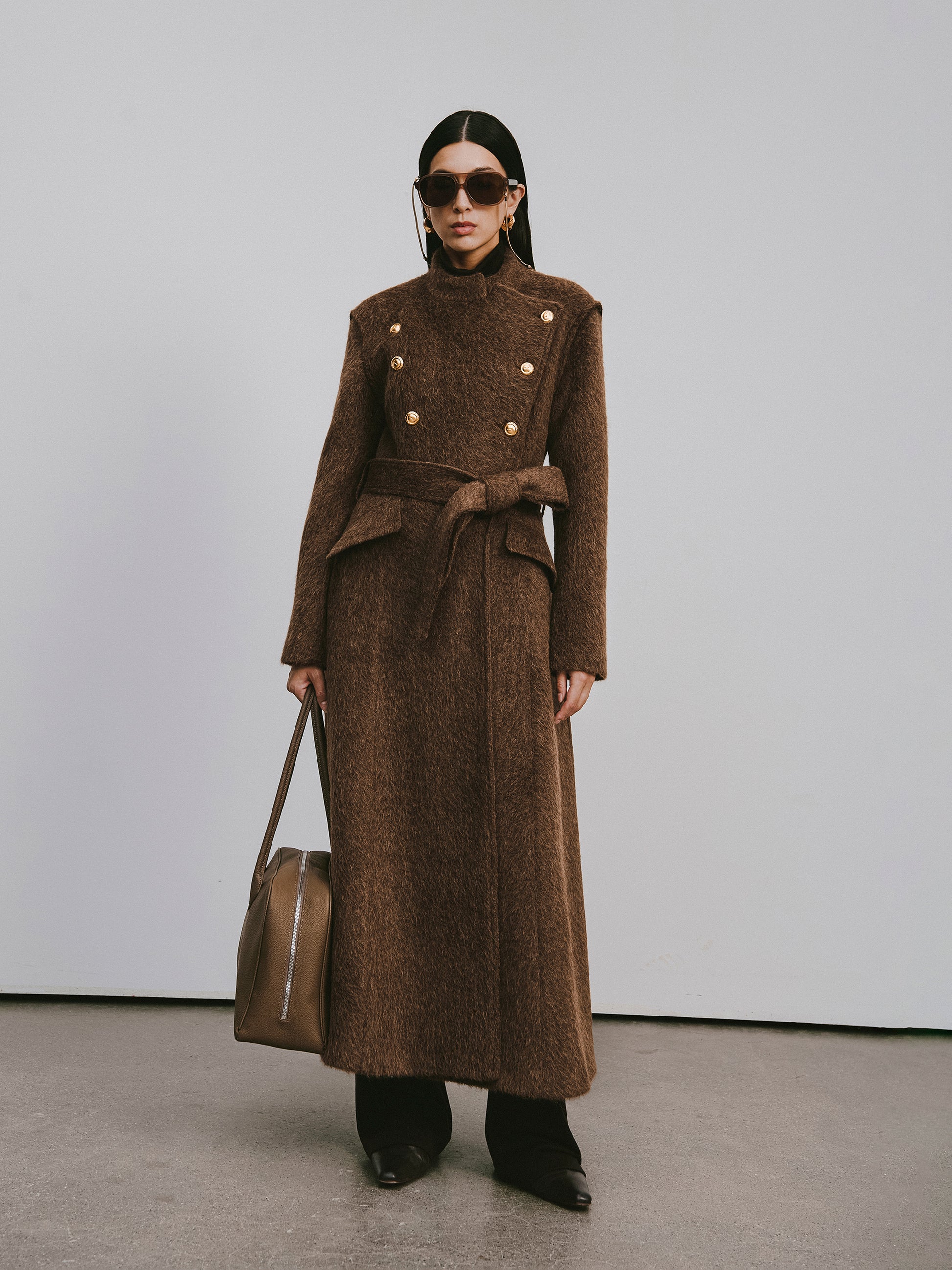 Stand Collar Tie-Waist X-Silhouette Long Coat