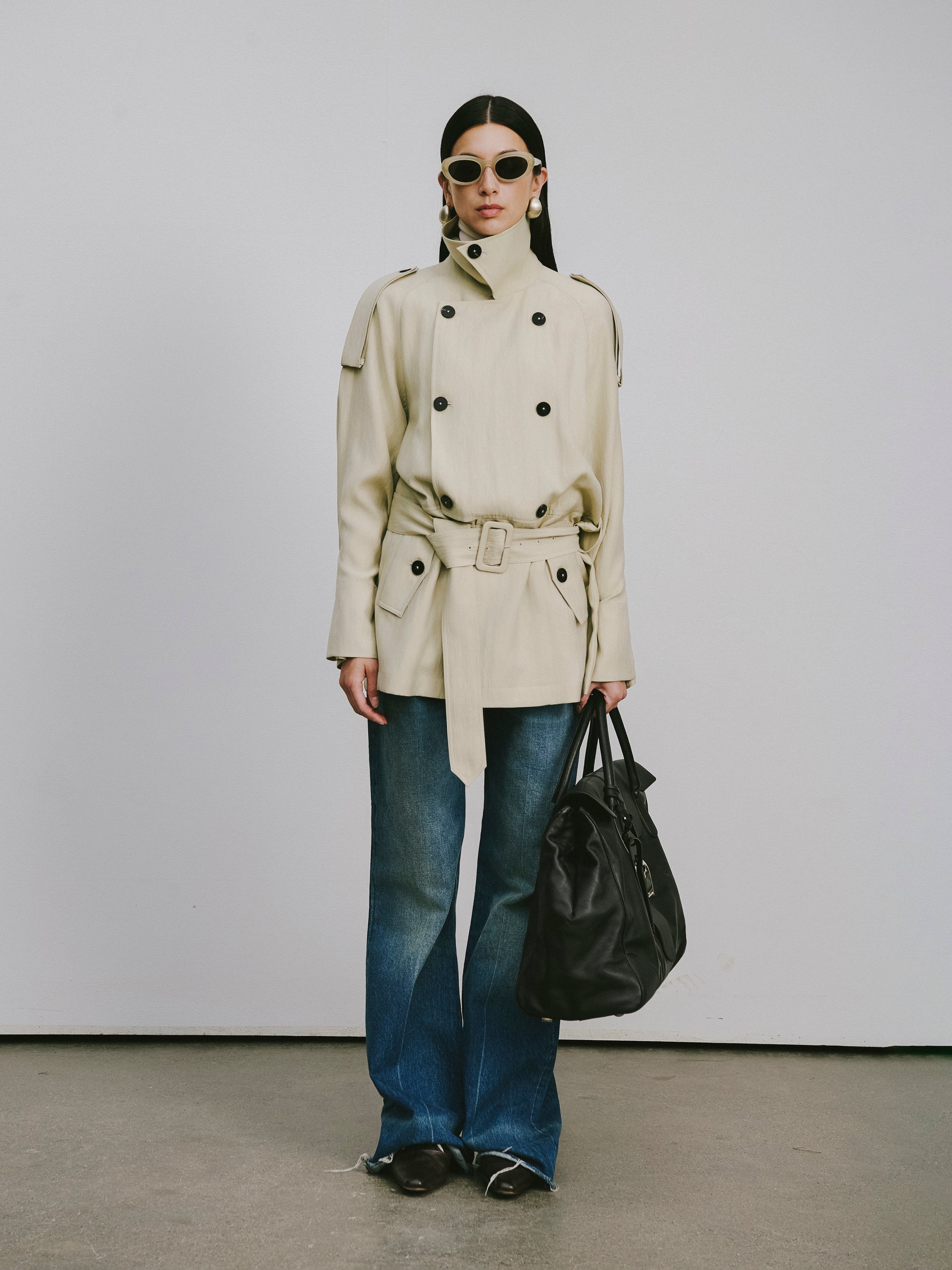 Textured Raglan-Sleeve Trench Coat with Organic Draping