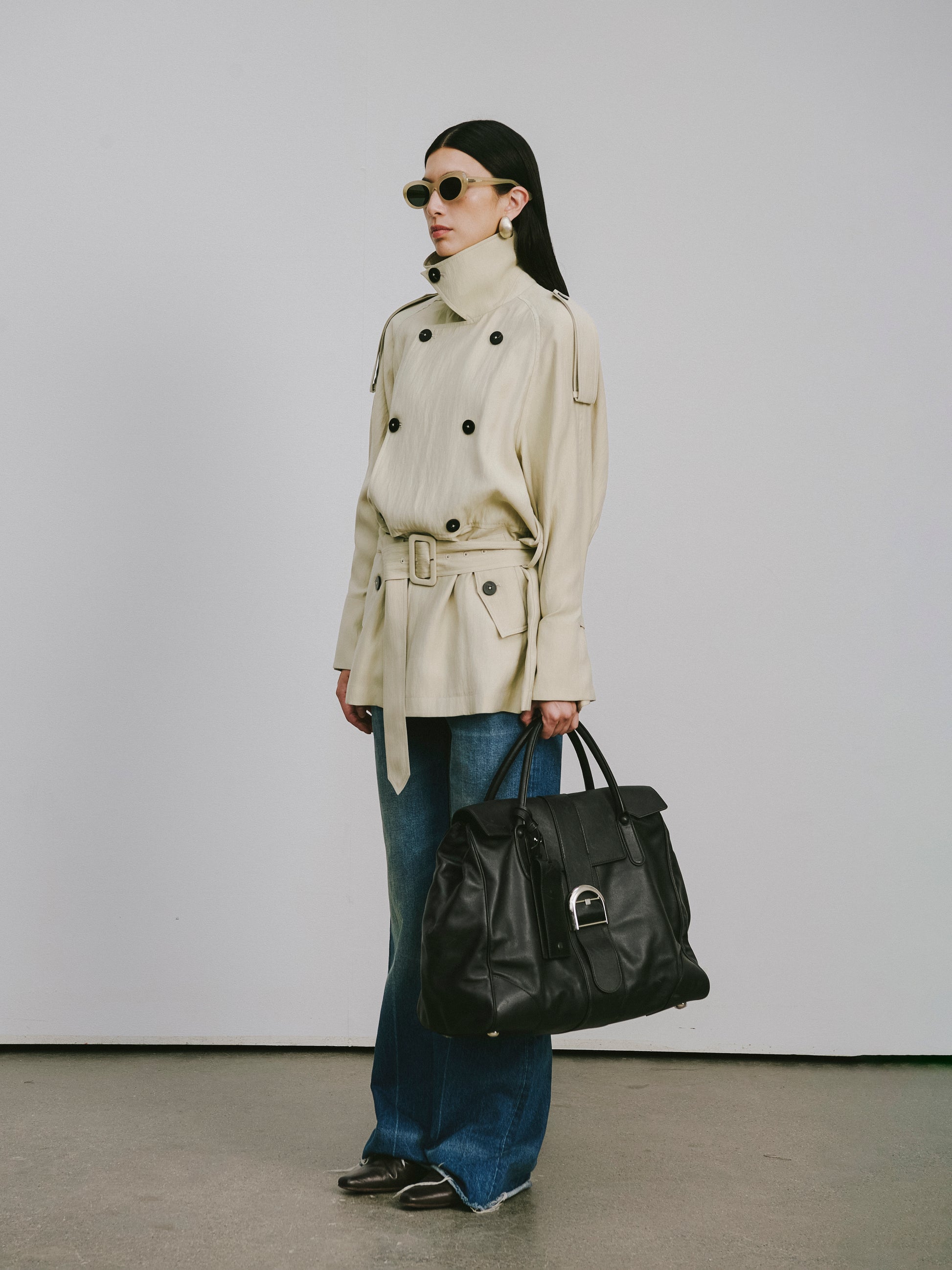 Textured Raglan-Sleeve Trench Coat with Organic Draping