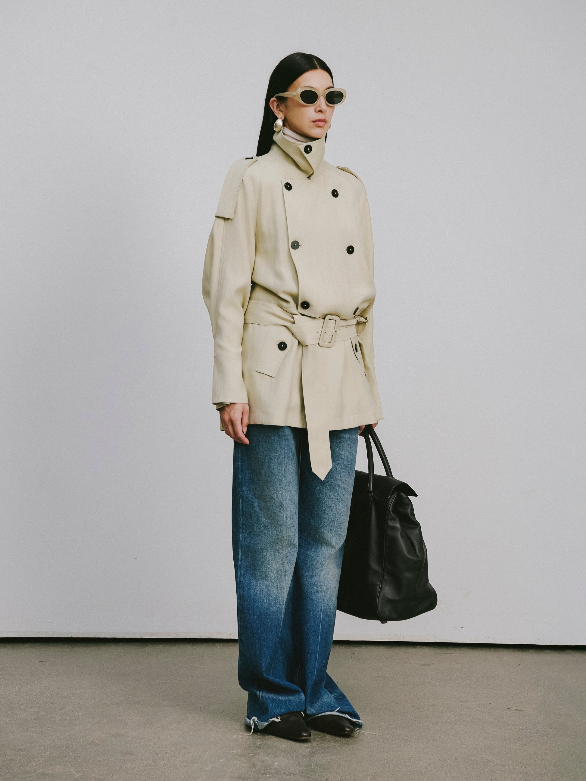 Textured Raglan-Sleeve Trench Coat with Organic Draping