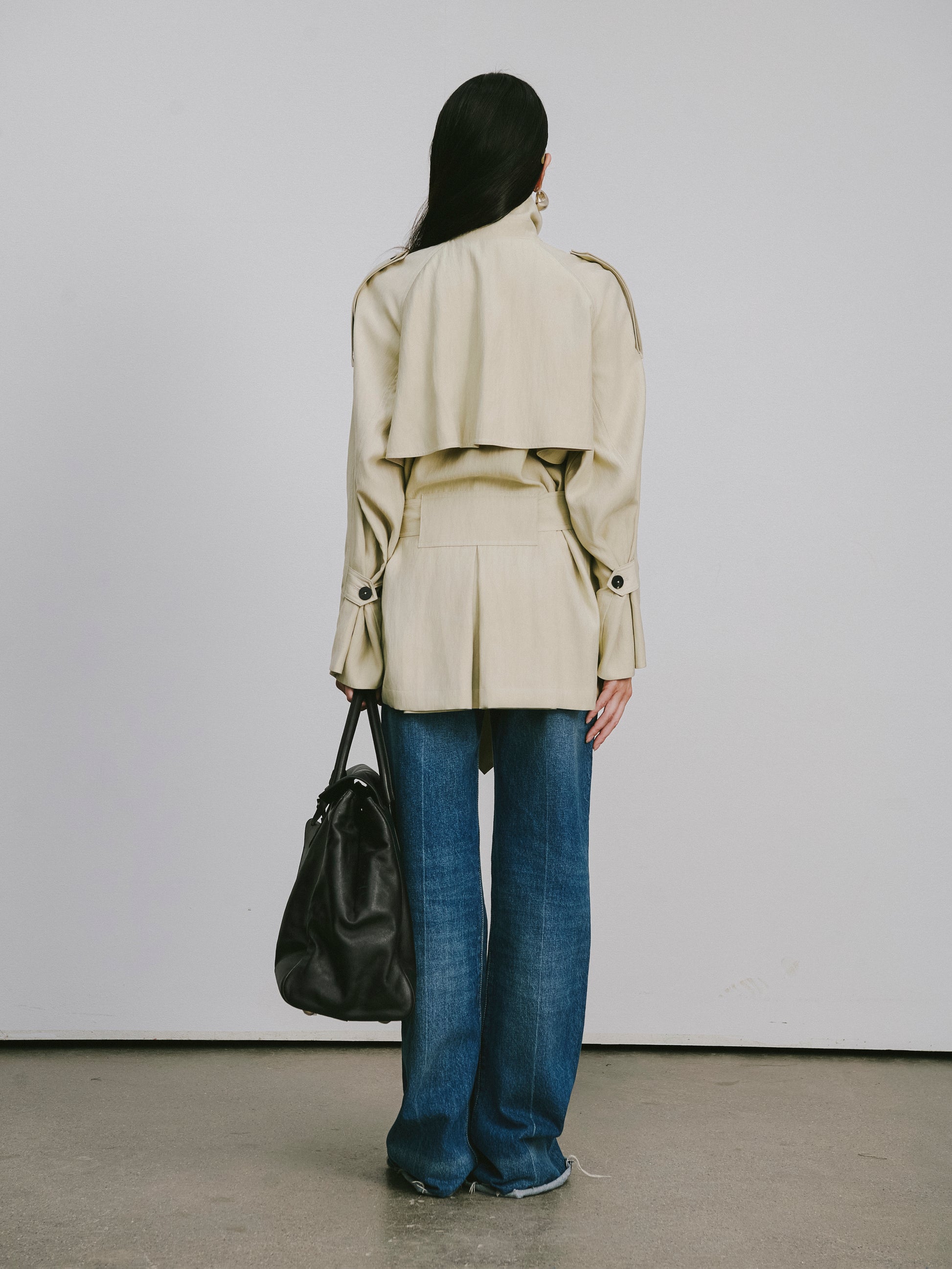 Textured Raglan-Sleeve Trench Coat with Organic Draping