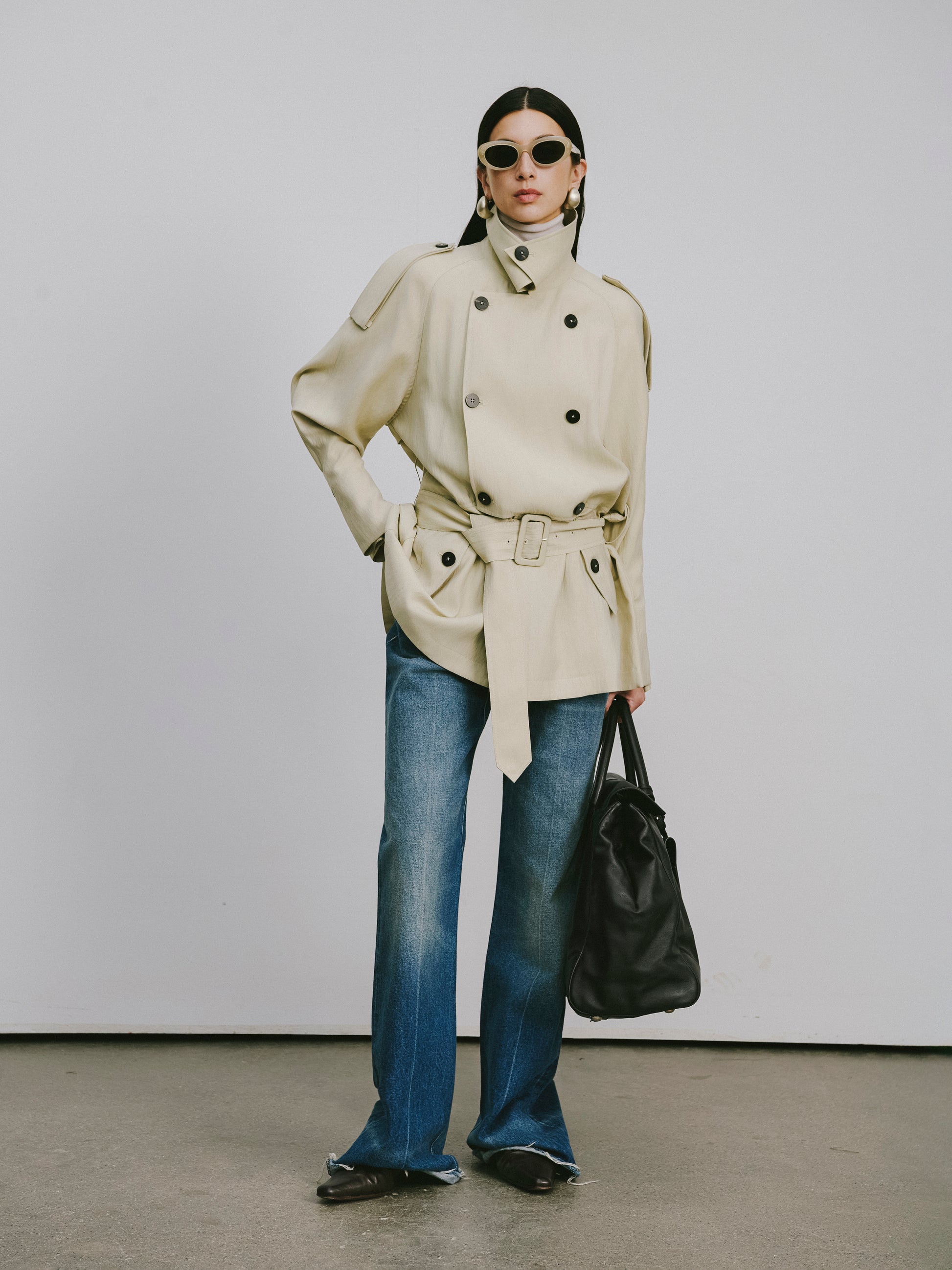 Textured Raglan-Sleeve Trench Coat with Organic Draping