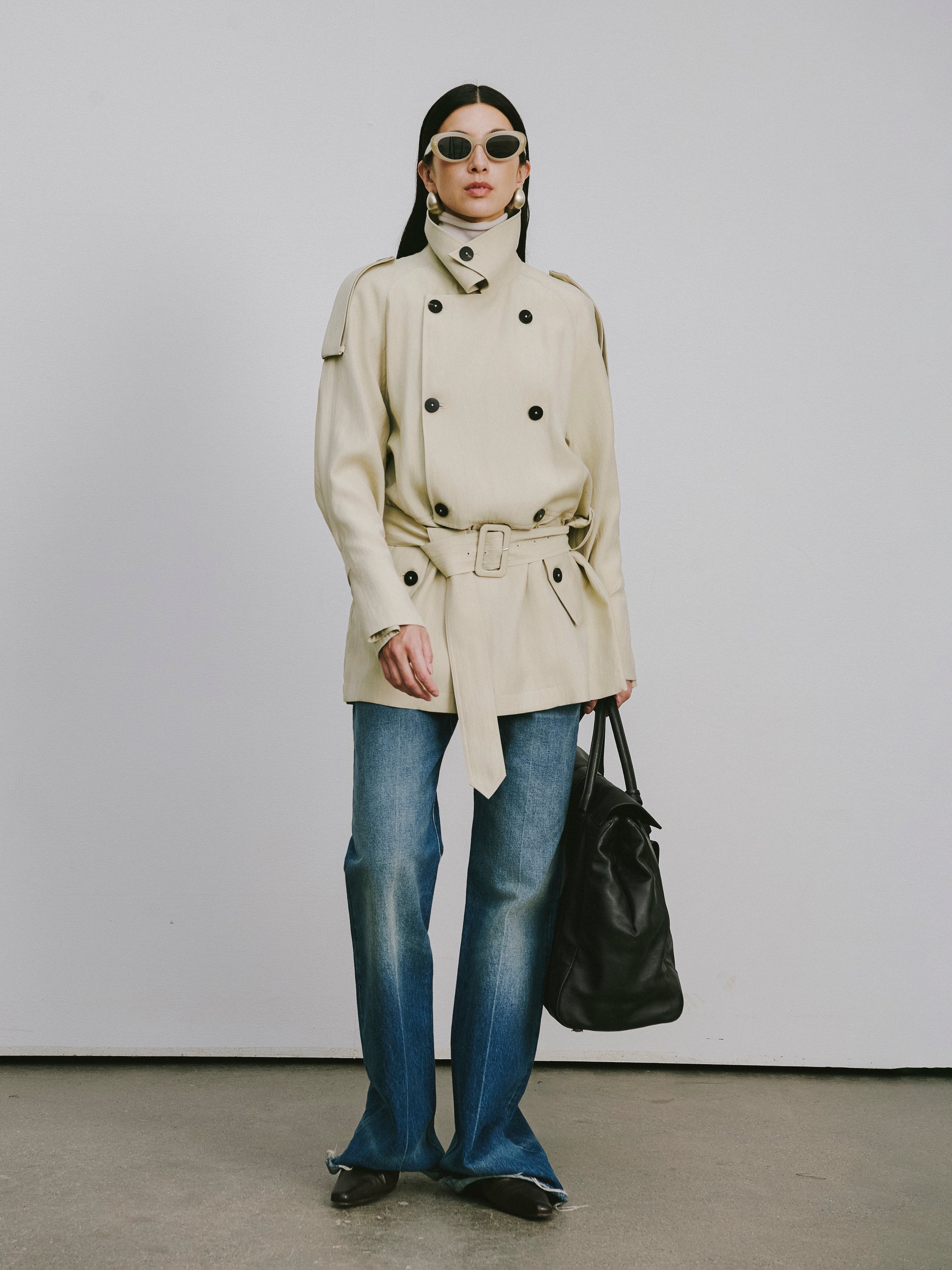 Textured Raglan-Sleeve Trench Coat with Organic Draping